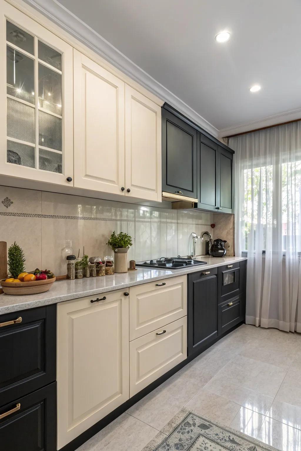 Two-tone cabinets add depth and style to the kitchen.