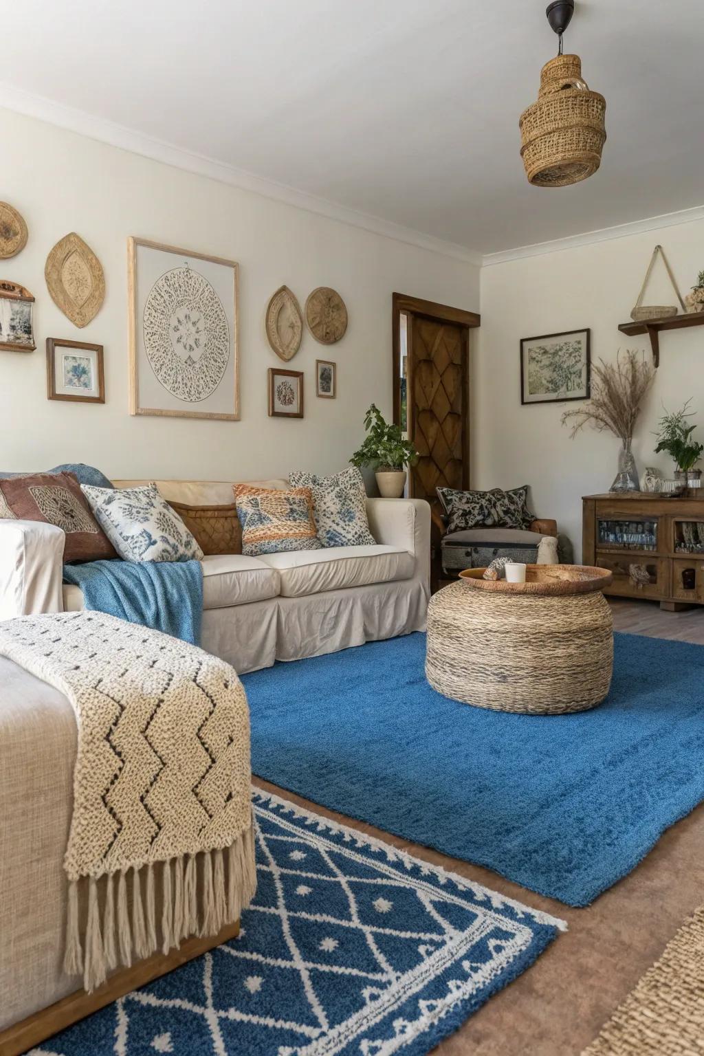 Layered textures enhance an azure carpet, contributing dimension and warmth.