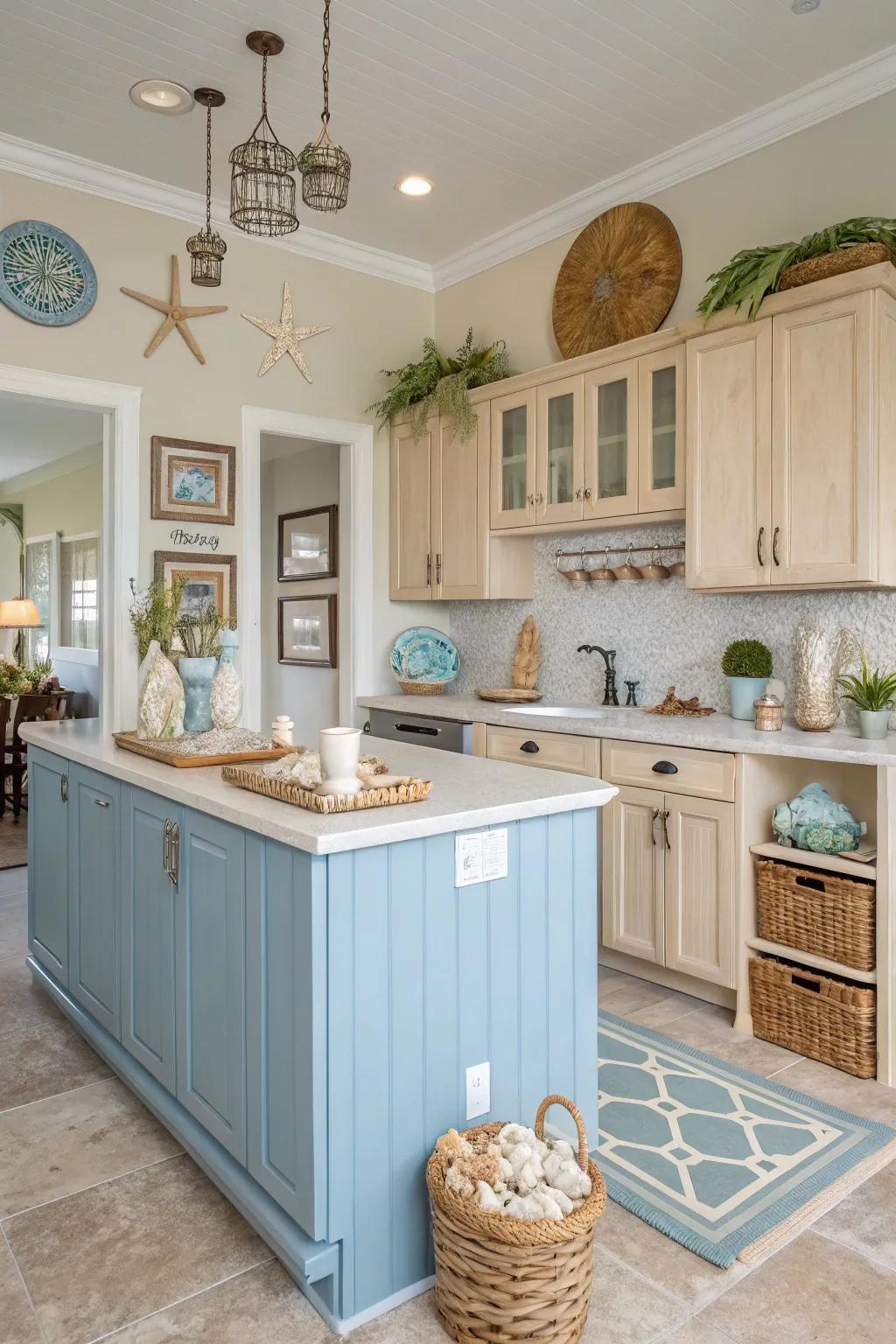 A blue island sets the tone for this beach-inspired kitchen.