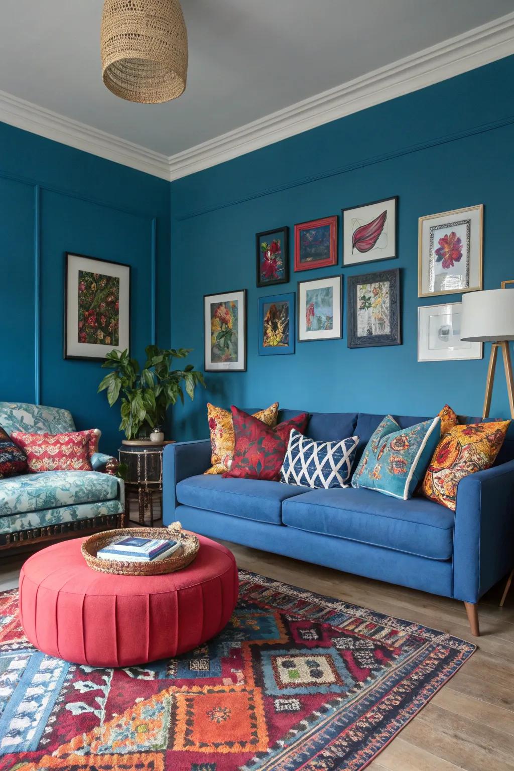 Bold contrasting colors highlight the blue tones in this vibrant living room.