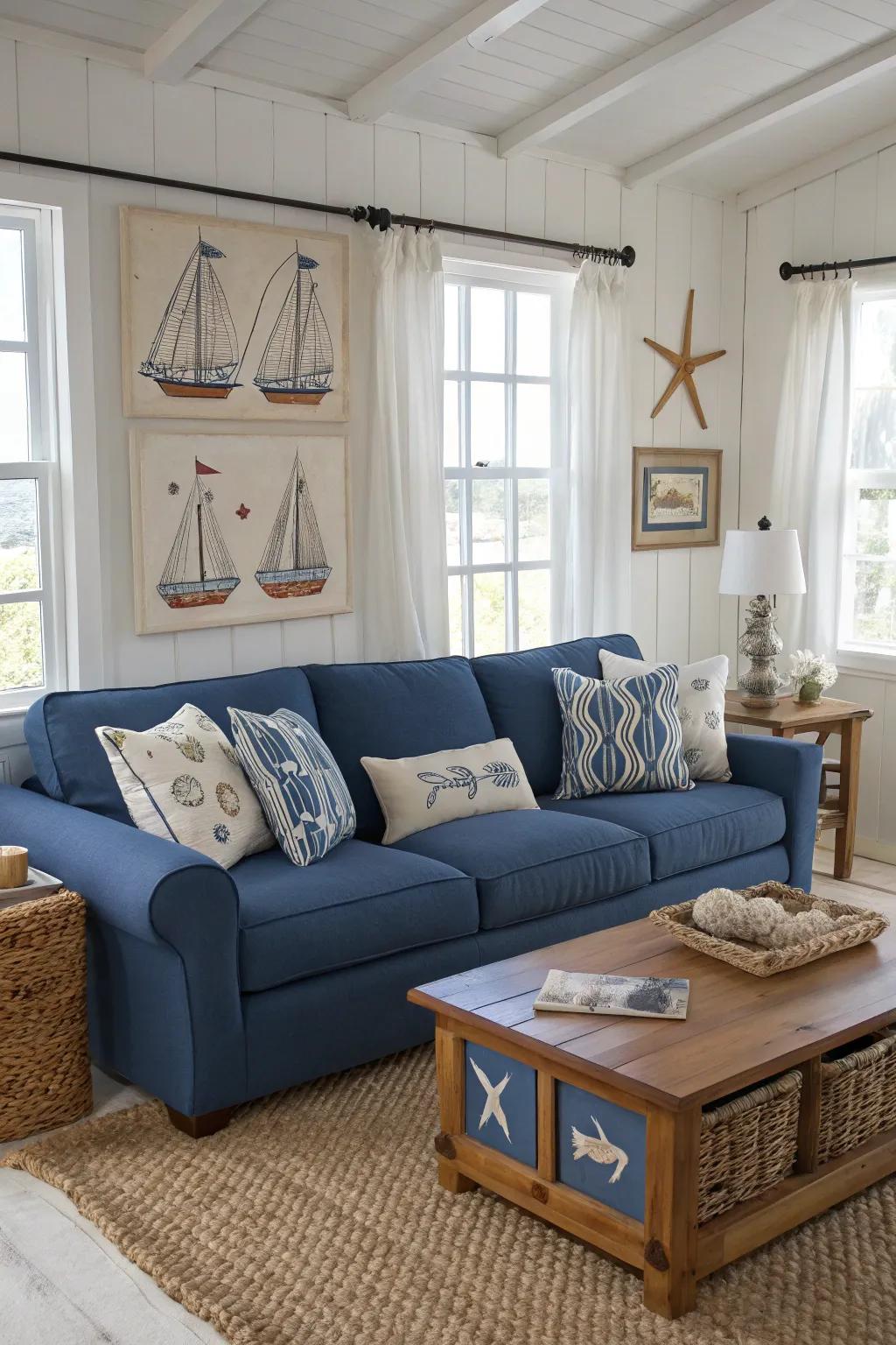 A blue settee completes a seaside-themed lounge.