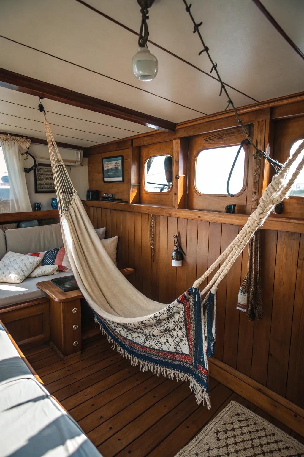 Nautical hammock within a vessel cabin.