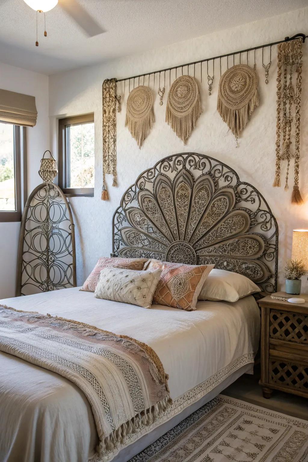 Metallics bring a touch of boho glamour to this bedroom.