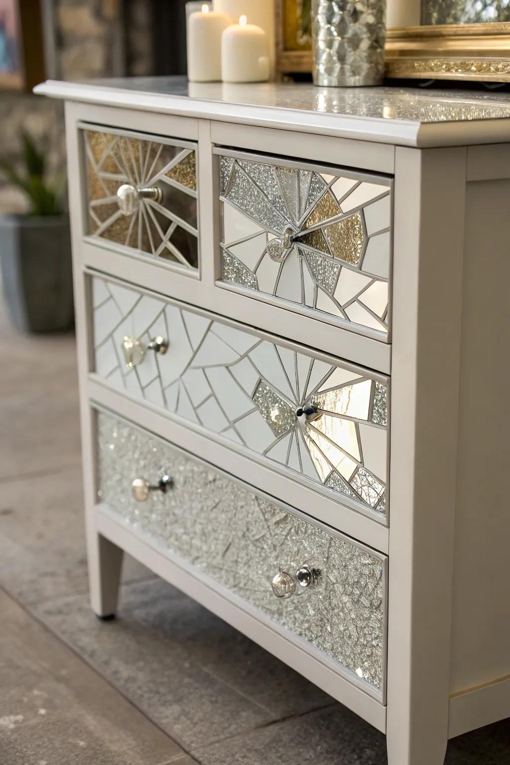 Mirrored furniture accents bring sparkle and style.