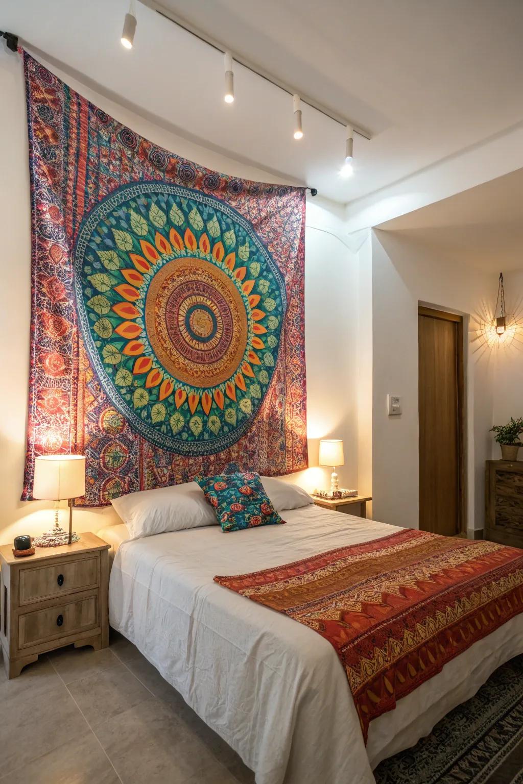 A wall tapestry serves as a vibrant focal point in the bedroom.