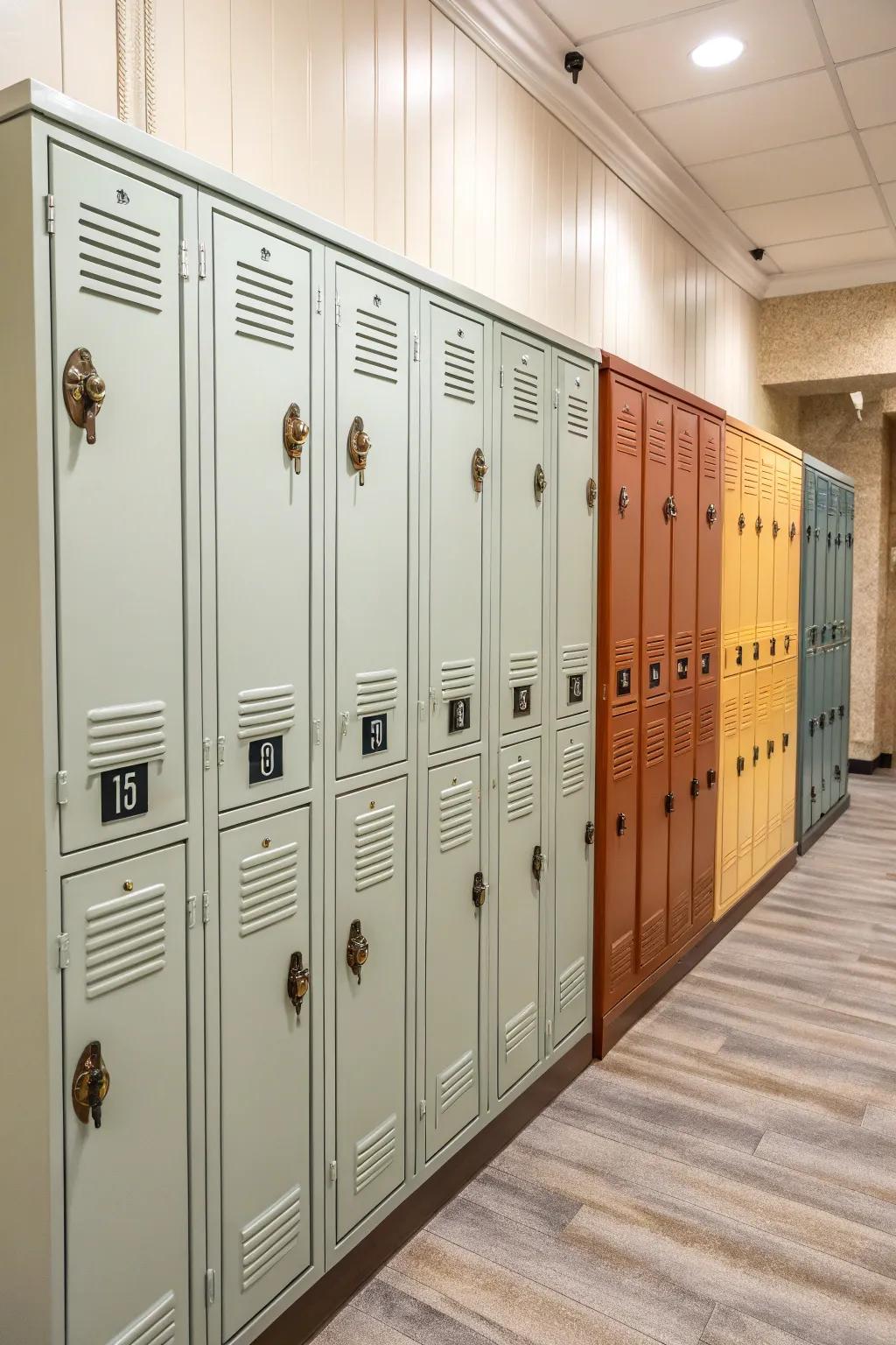 Vintage handles add character to built-in lockers.