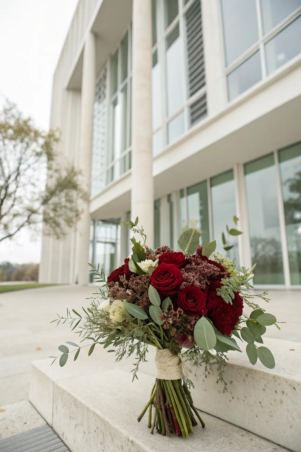 Minimalist burgundy bouquet with simple greenery.