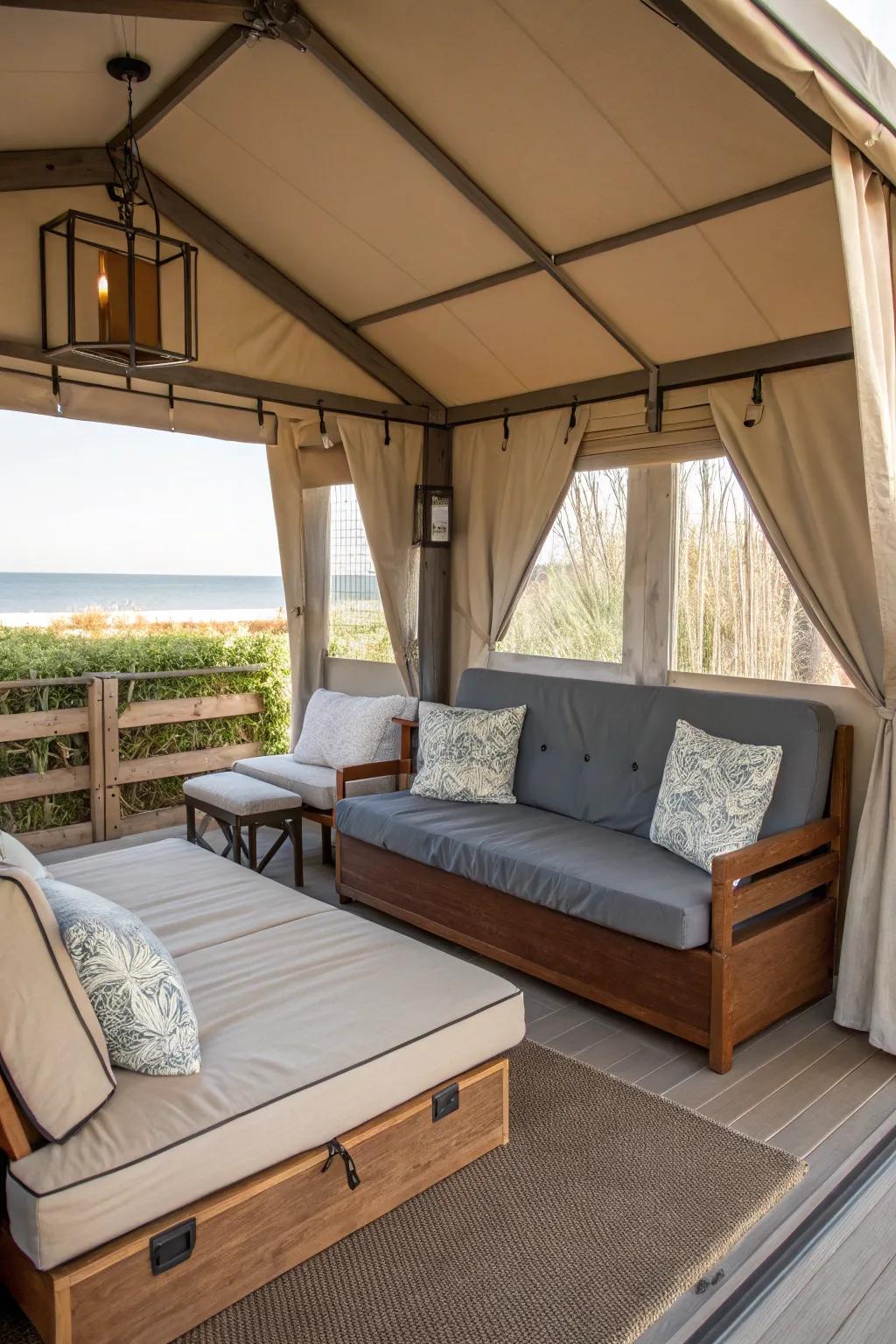 A versatile cabana with multifunctional furniture for flexibility.