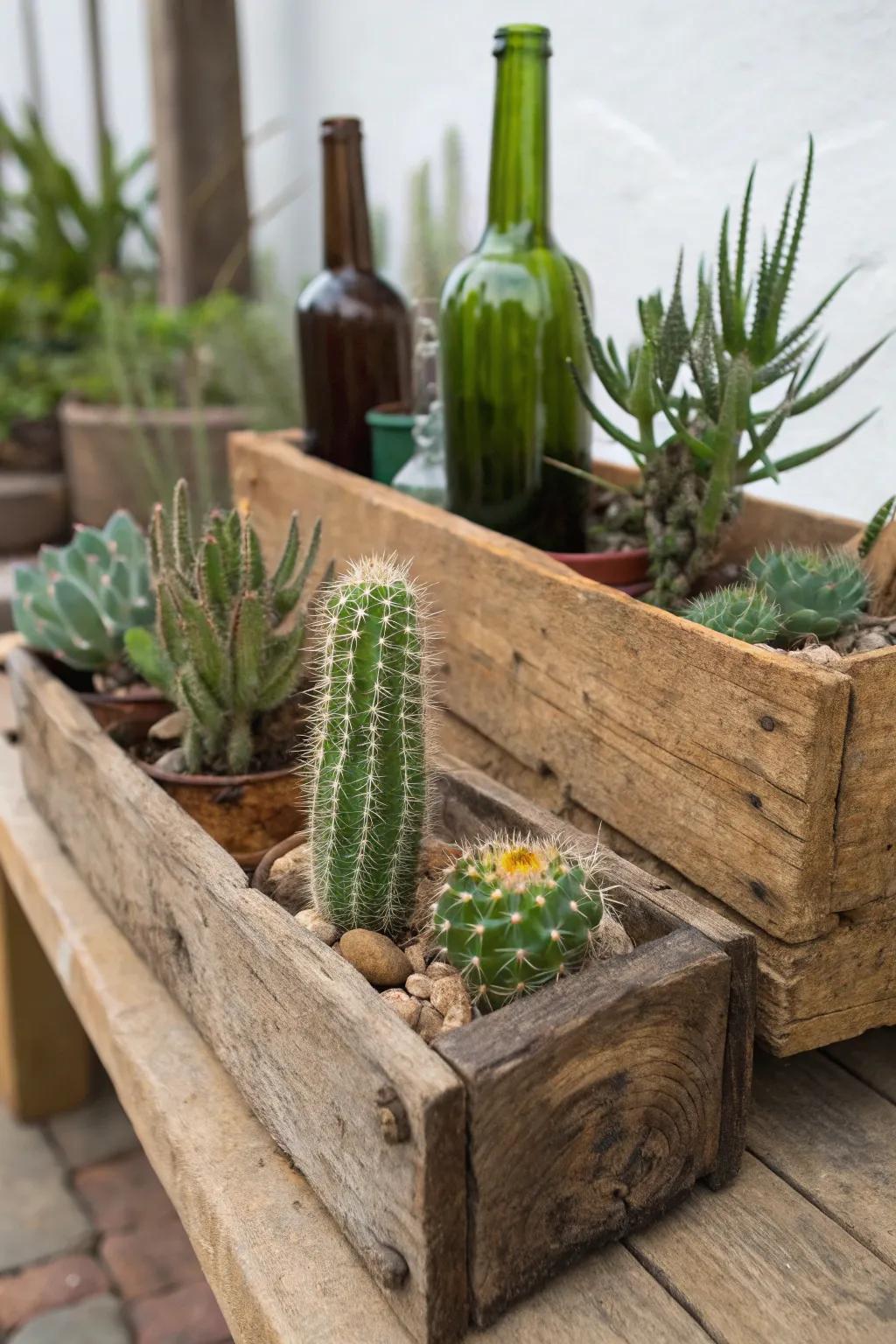 Eco-conscious materials contribute a sustainable note to cactus displays.