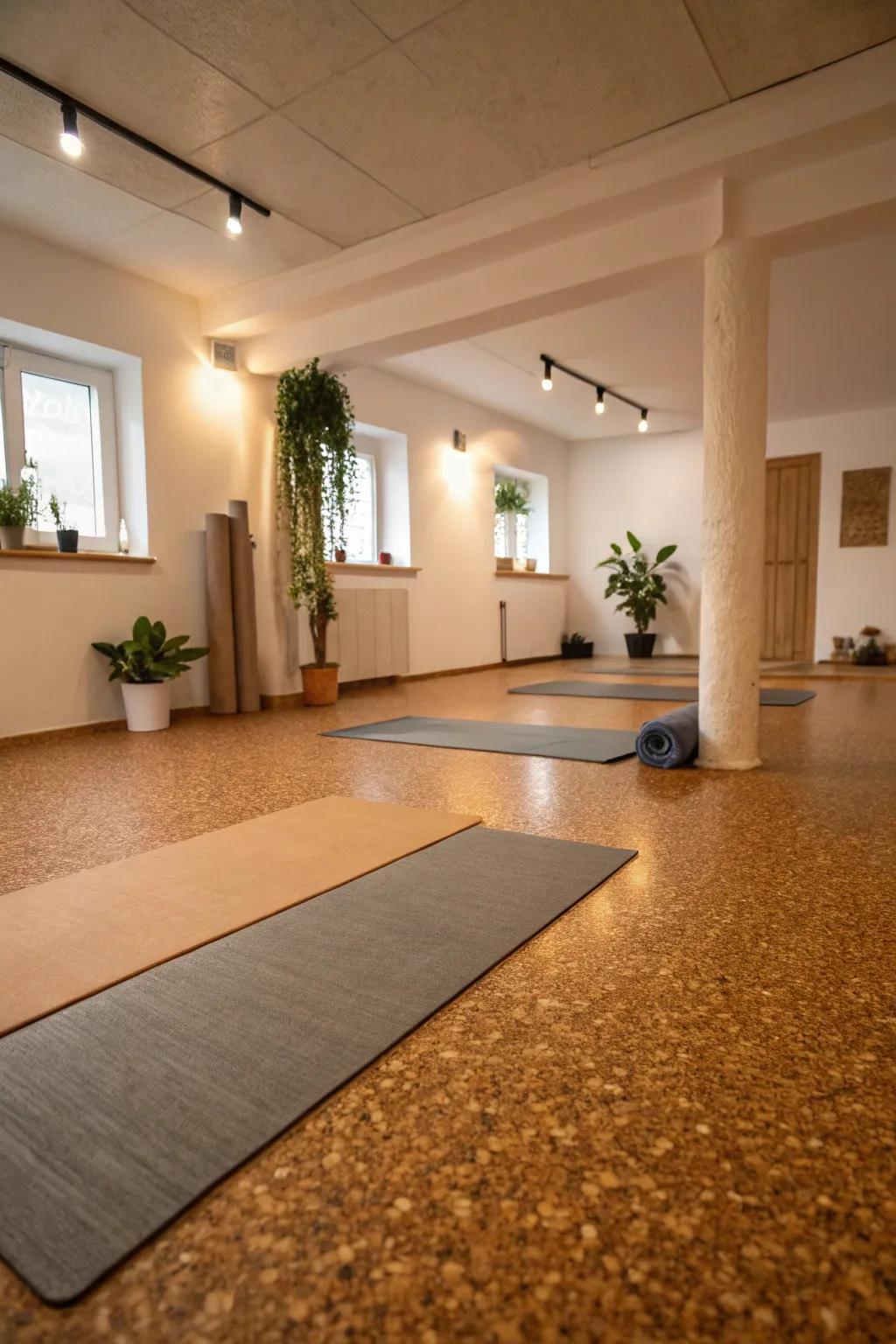 Cork flooring provides a soft and eco-friendly option for basement yoga spaces.