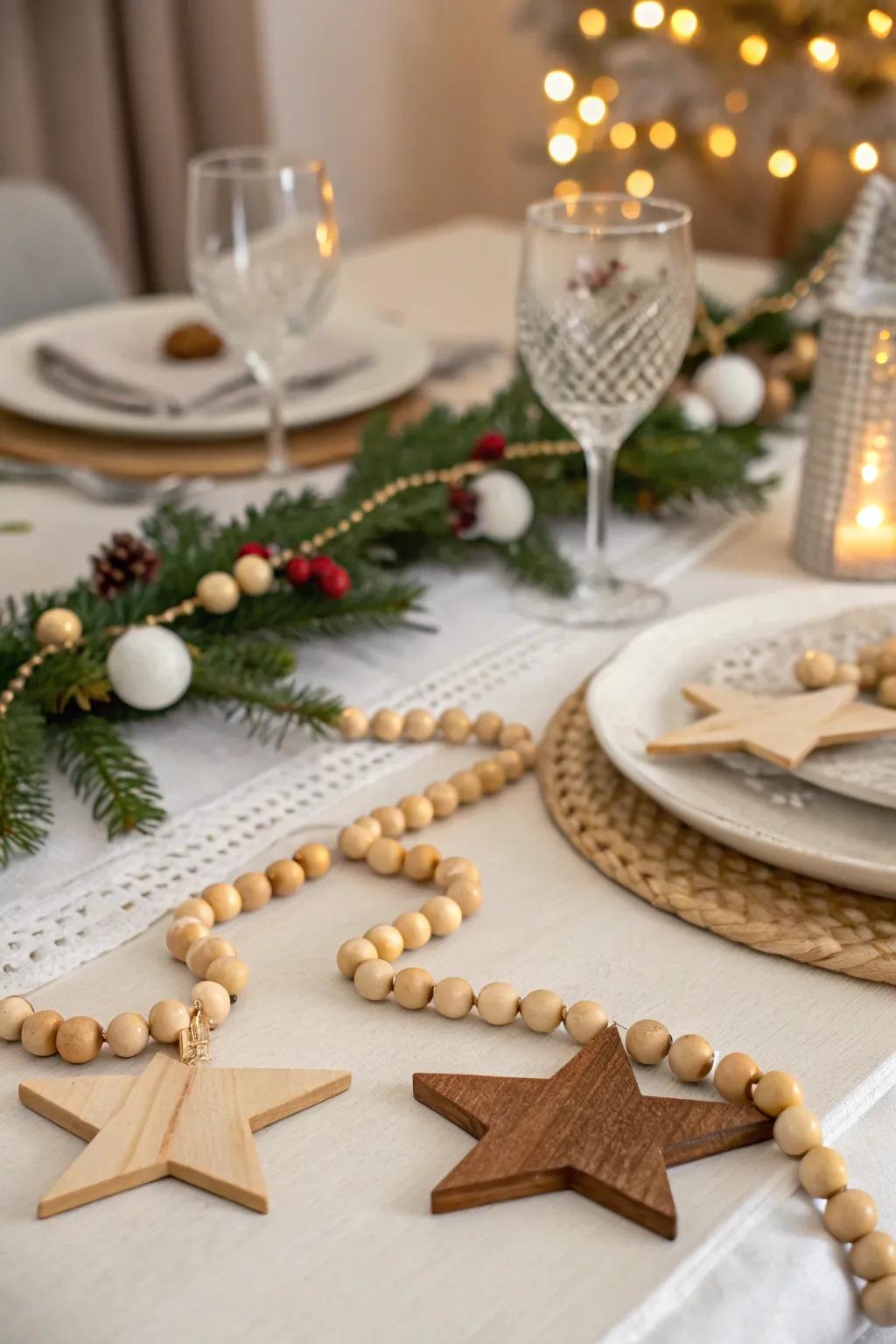 Wooden beads add a rustic, handmade touch to the table.