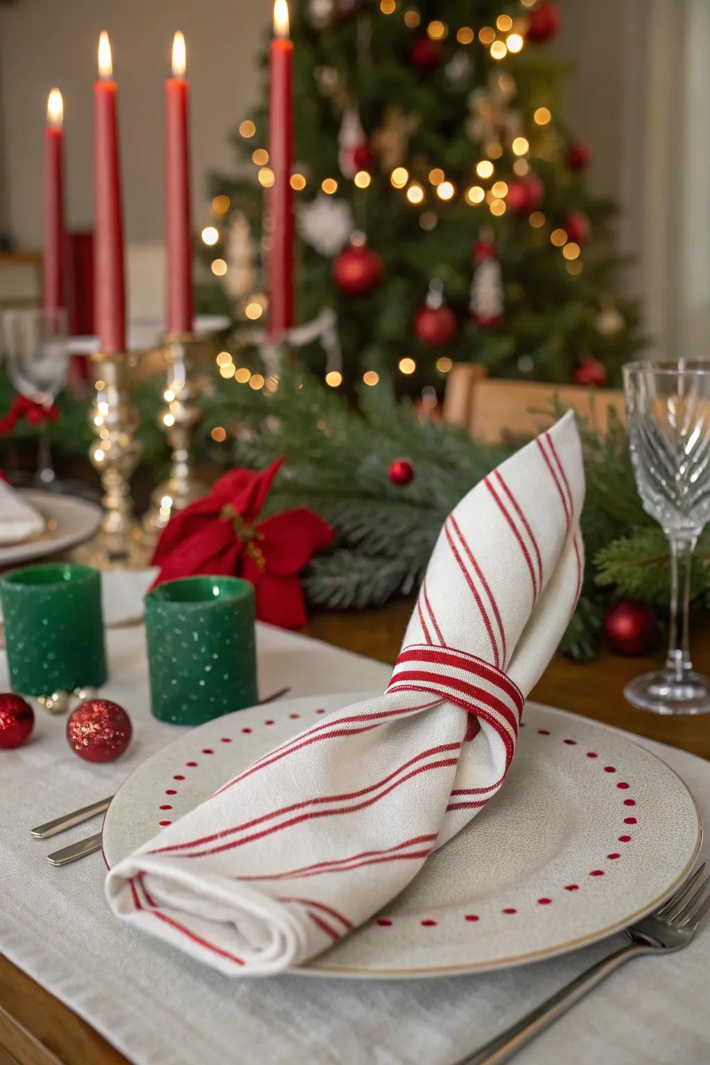 The striped cane napkin fold, adding a sweet detail to your decor.