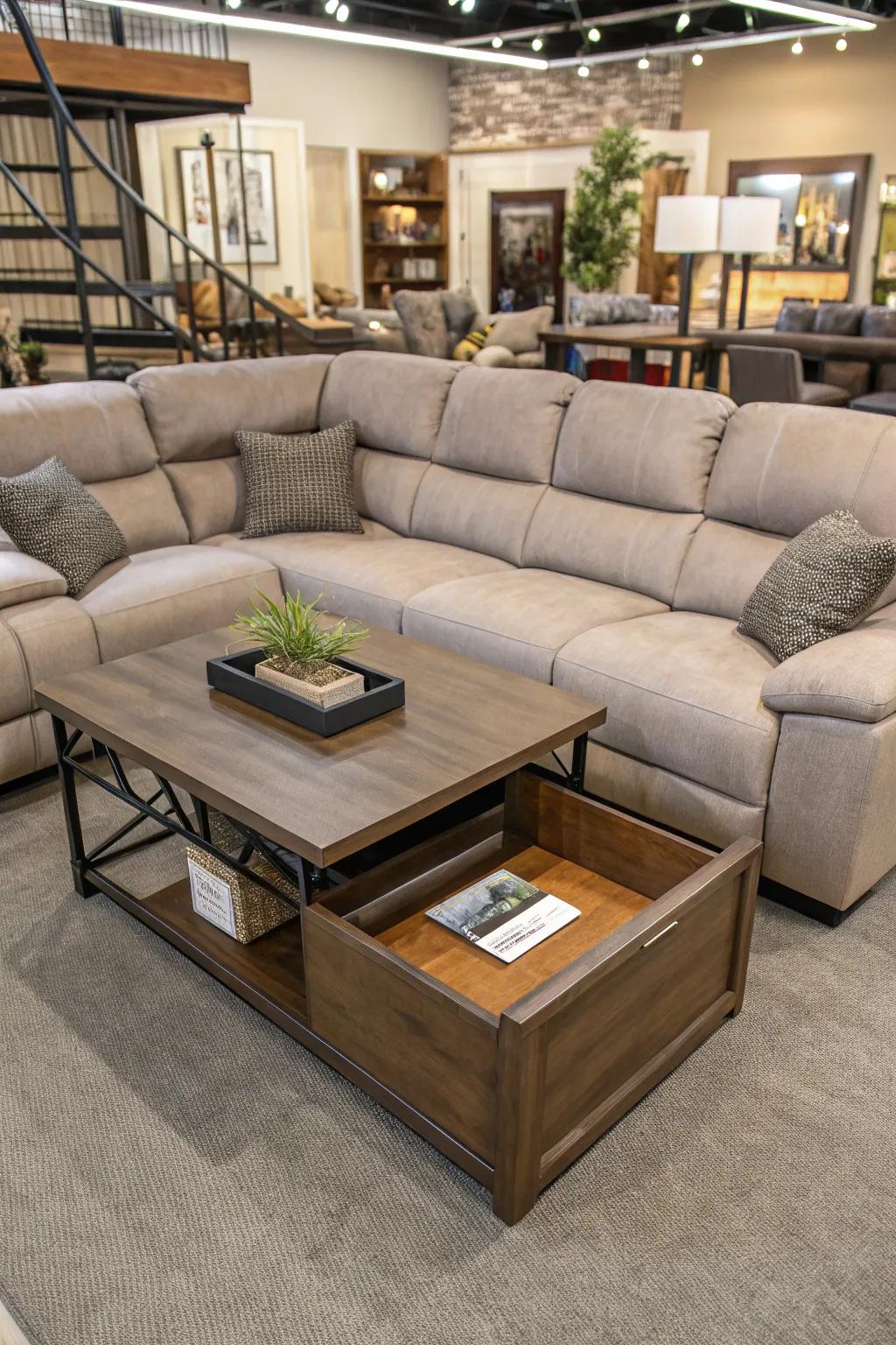 A lift-top coffee table combines storage and style seamlessly.