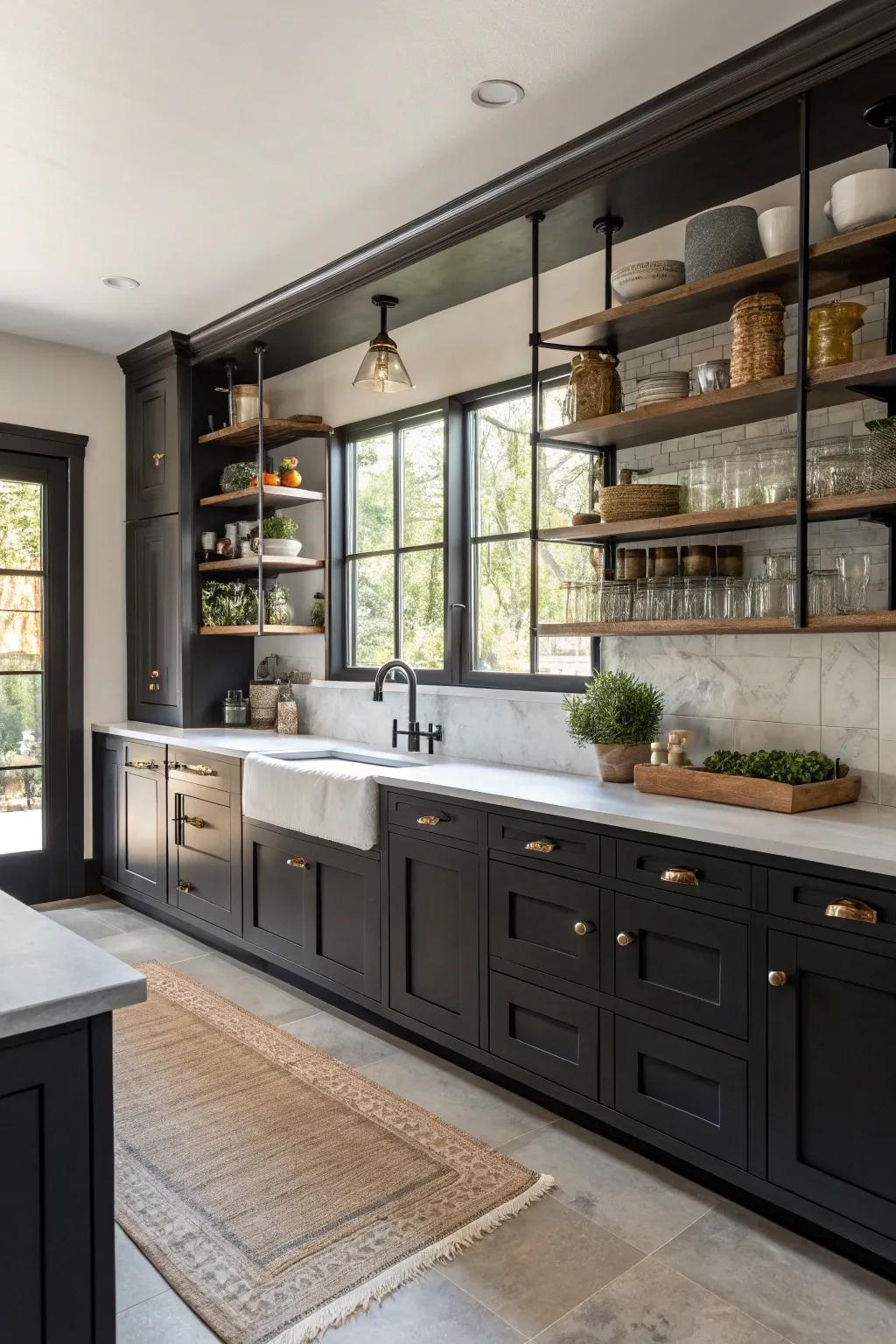 Dark cabinets paired with open shelving for a balanced and airy kitchen feel.