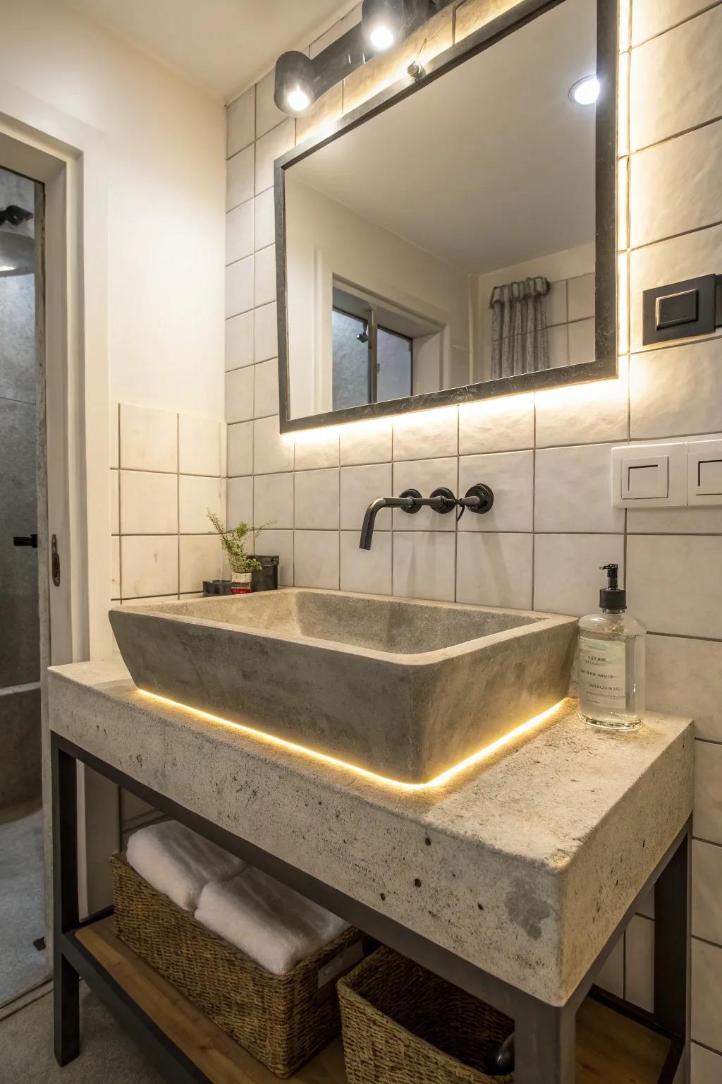 Concrete sink enhanced with integrated lighting for ambiance.