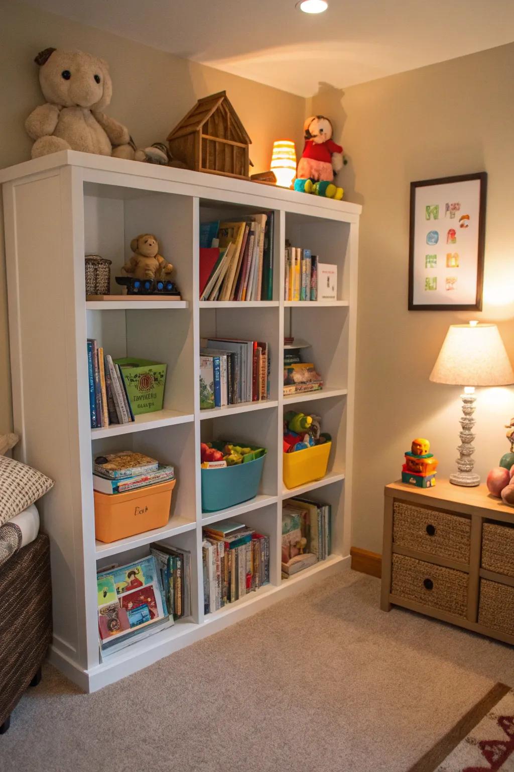 Corner shelves make organizing kids' rooms fun.