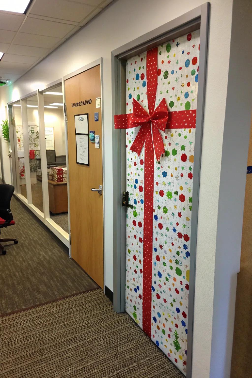 Turn office doors into giant gifts for a fun festive touch.