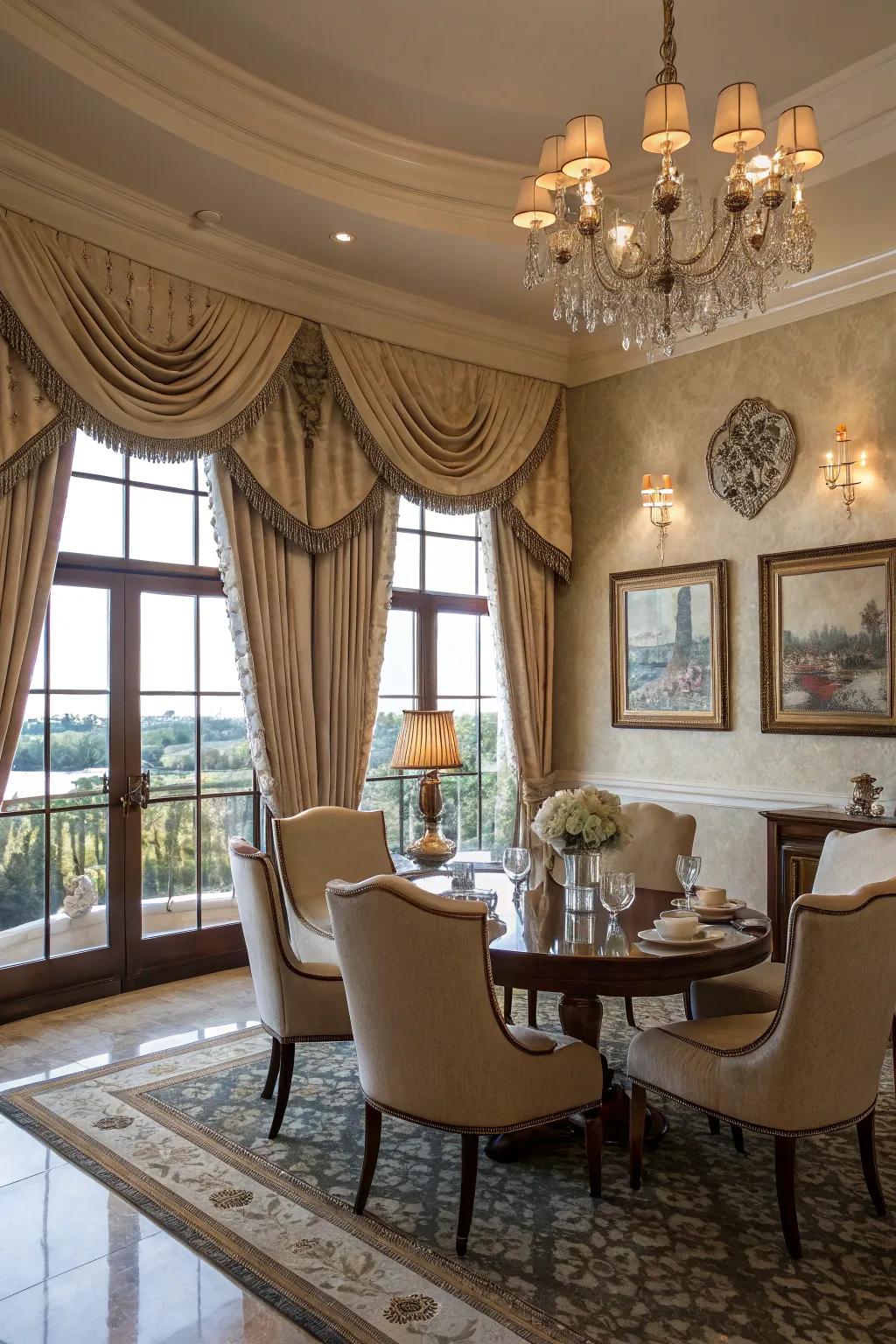 Realize a polished visage through scalloped edge valances within your dining space.