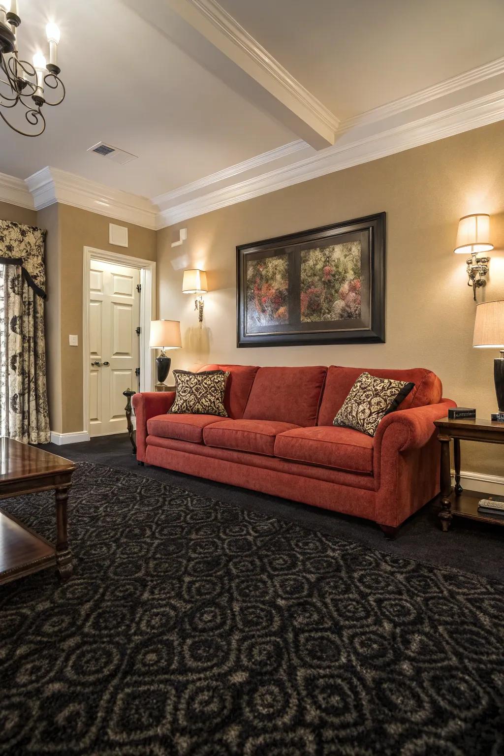 A statement piece adds focus to a dark carpeted room.