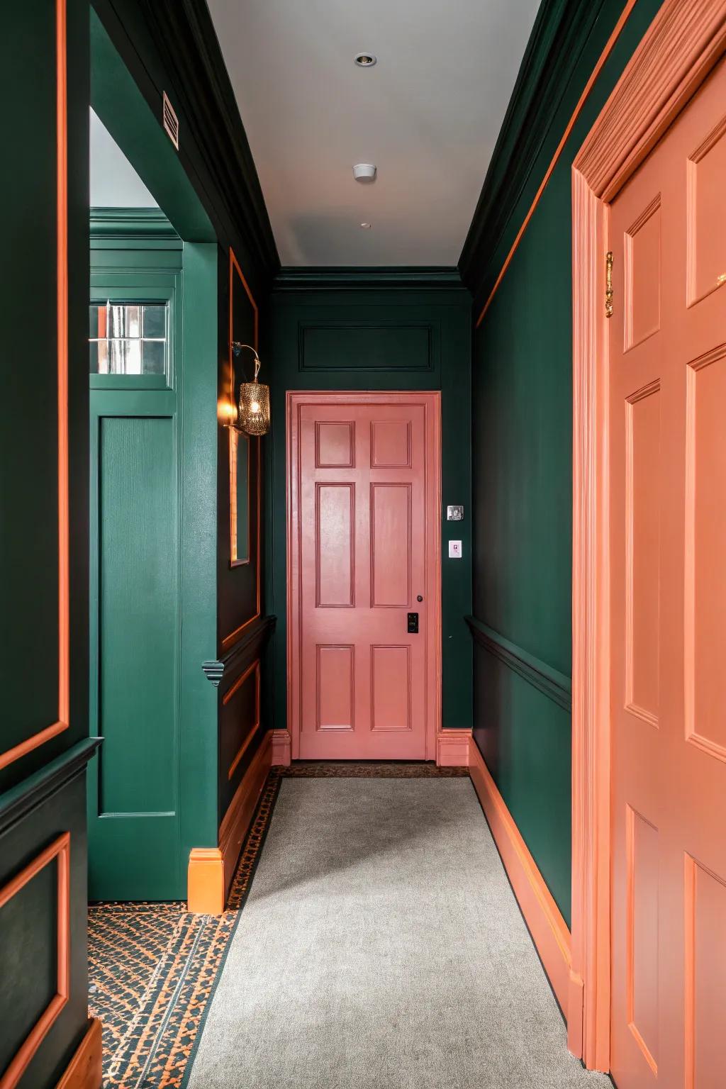 Unexpected hue blends add intrigue to the hallway.