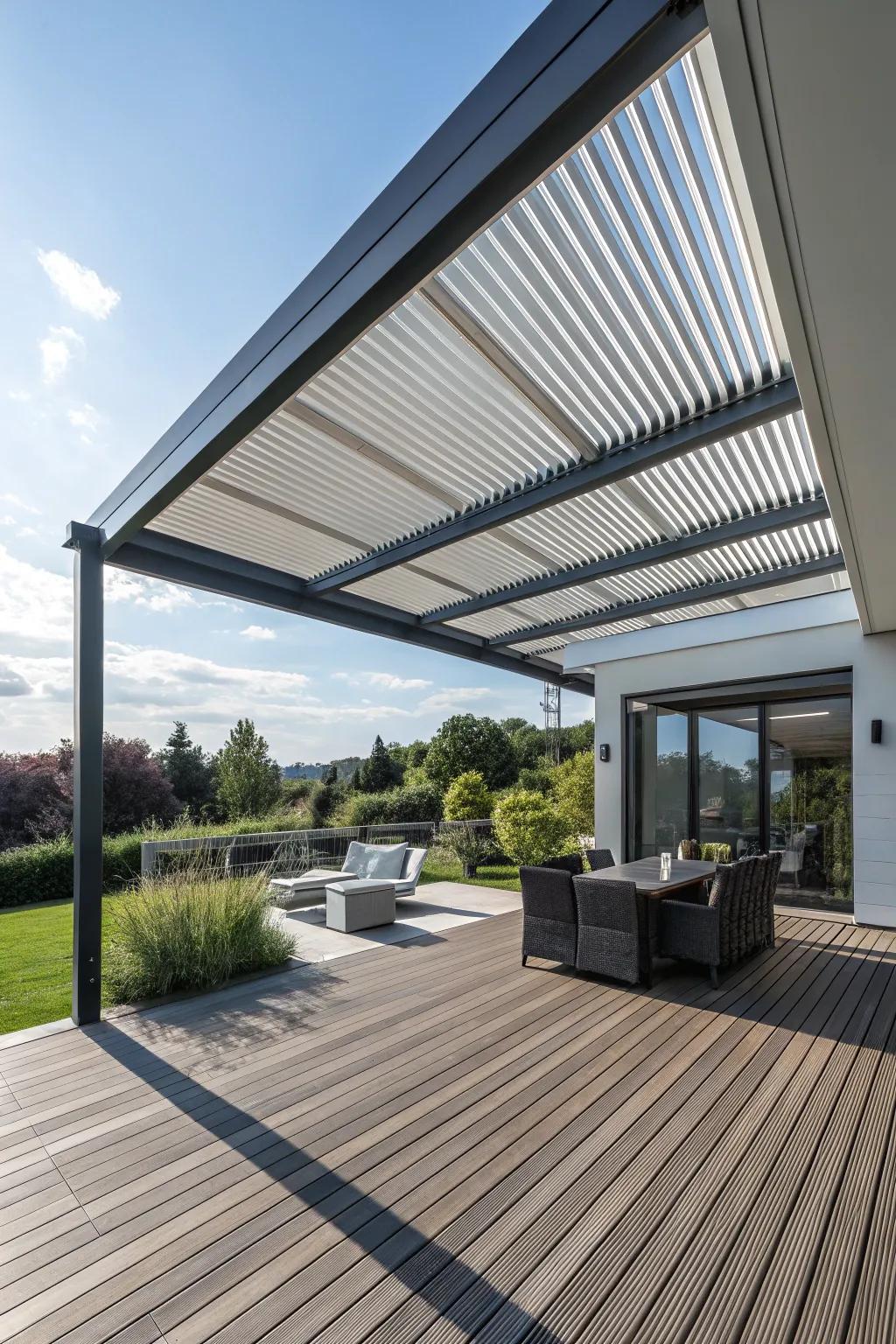 Louvered roofs provide adaptable shade for changing weather conditions.