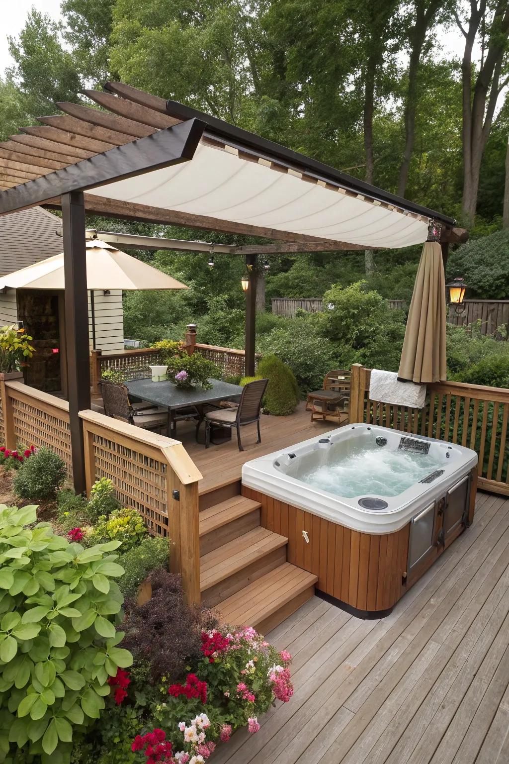 An all-season retreat with adaptable coverage for the hot tub.