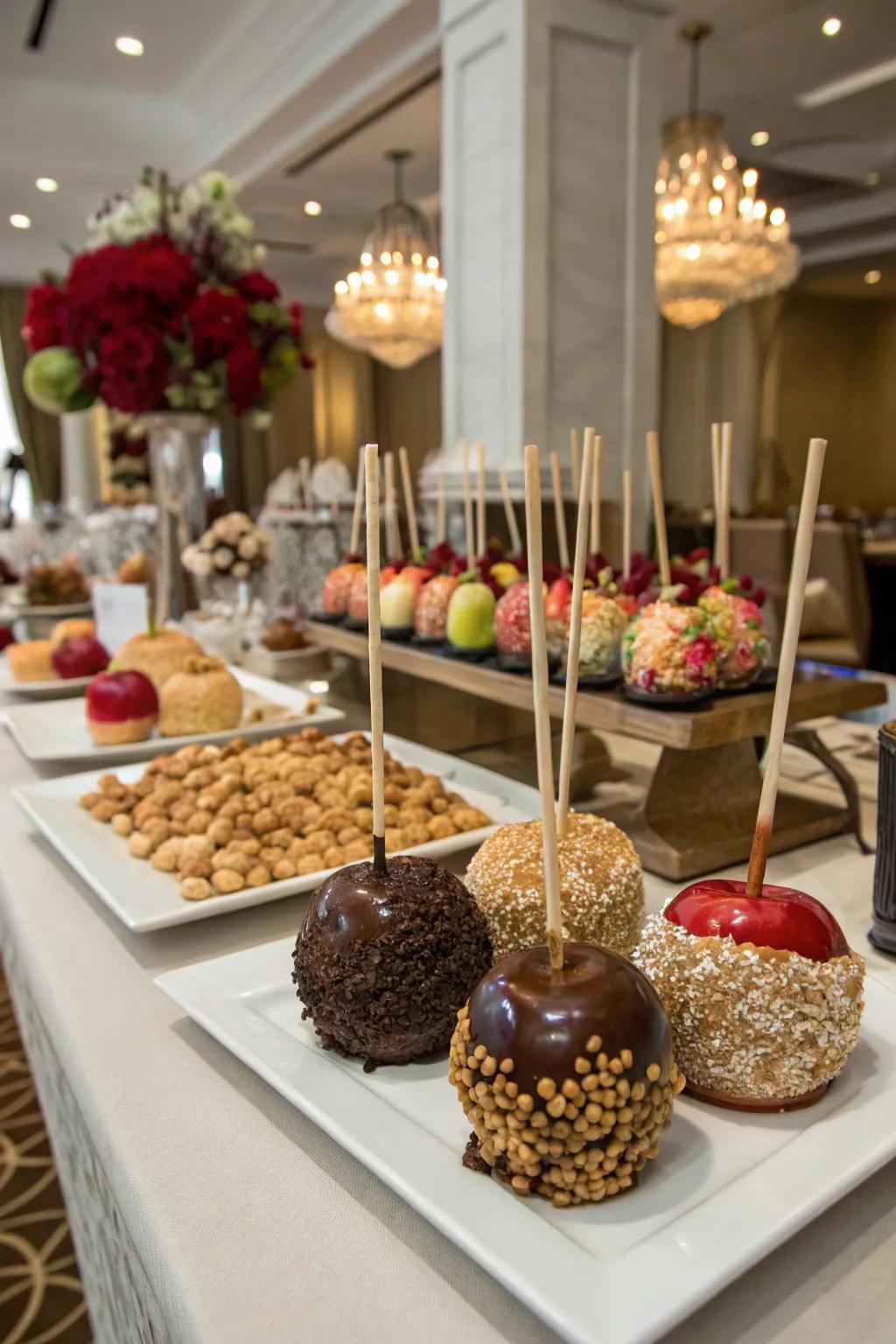 Gourmet candy apples add a playful and tasty twist to dessert tables.