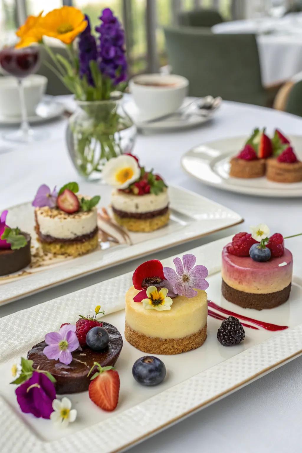 Elegant desserts with a touch of floral beauty.