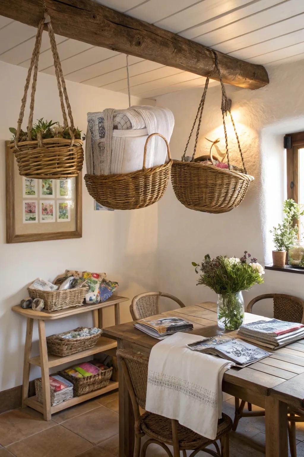 Hanging baskets offer creative storage and add a rustic charm to your dining room.