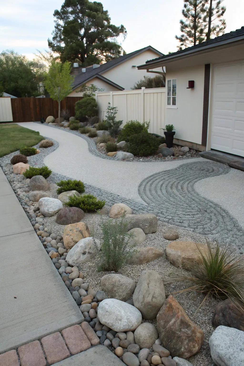 A Zen rock garden infuses serenity to the driveway berm.