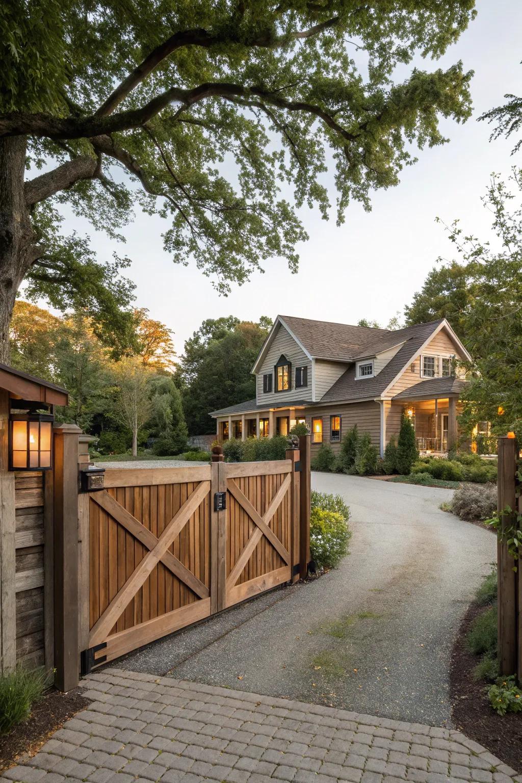 A modern farmhouse gate that blends rustic charm with contemporary style.