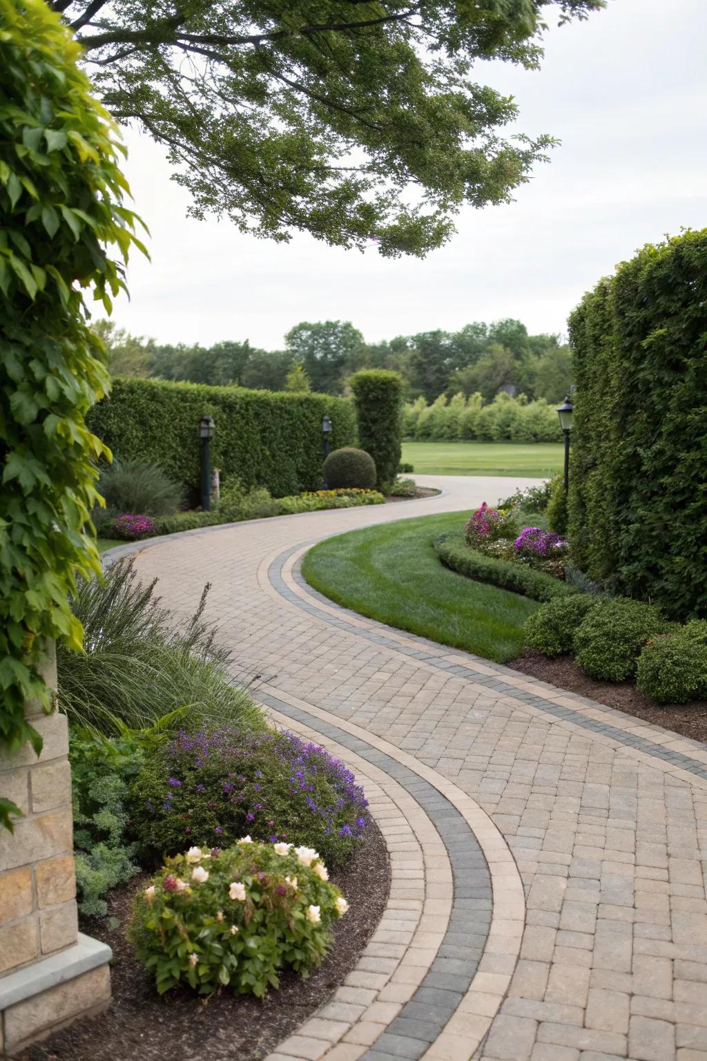 Dynamic flow with curved driveway paths and lush surroundings.