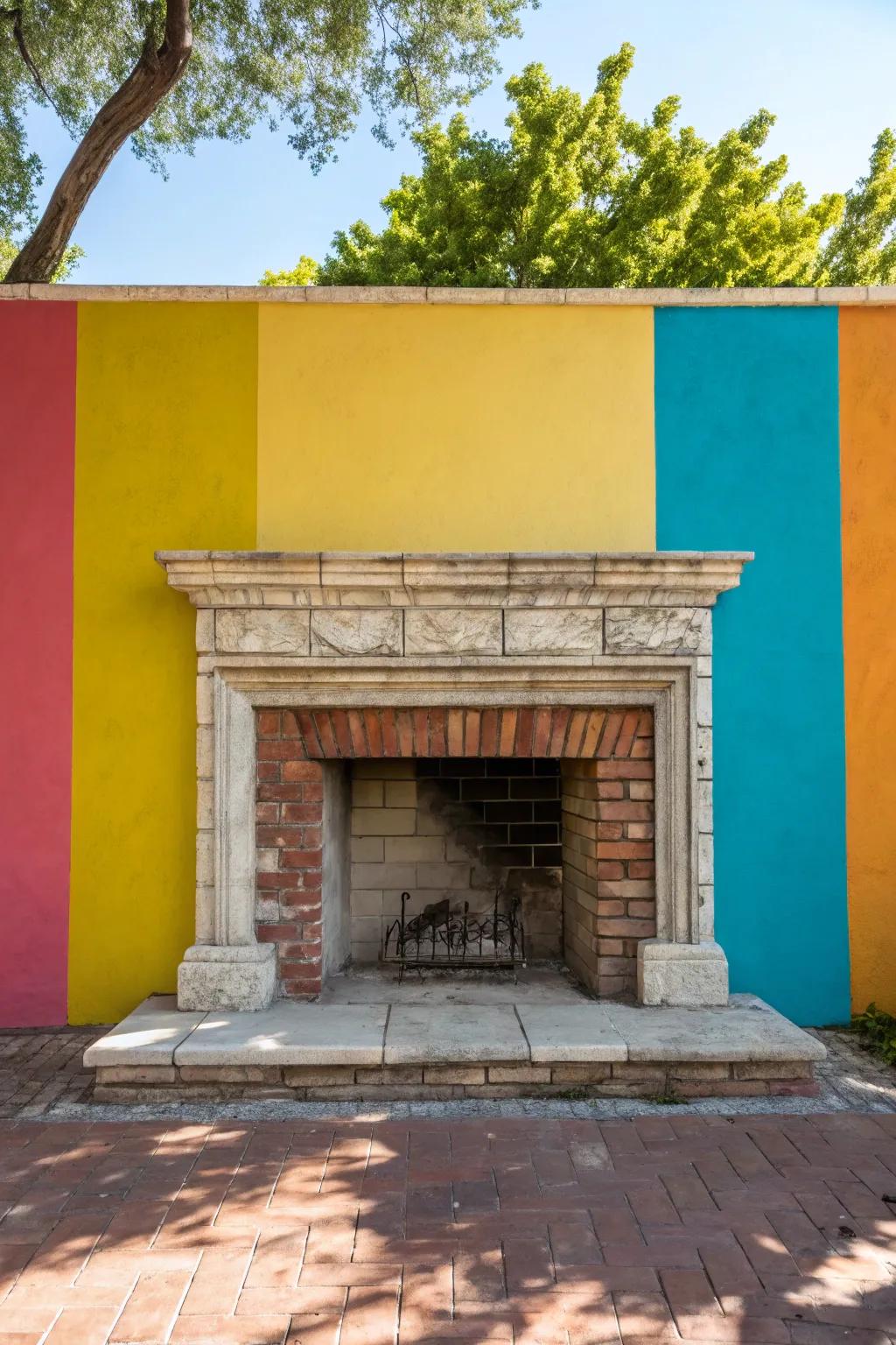 Add a pop of color with a painted fireplace backdrop.