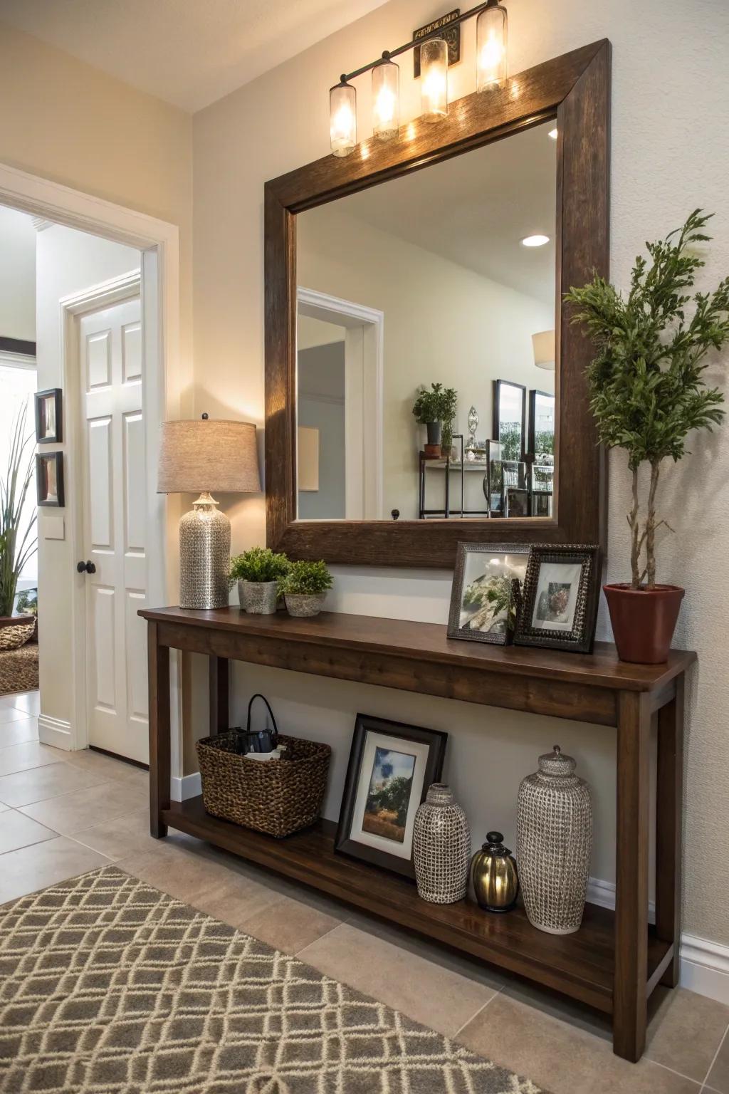 A mirror with an integrated shelf combines practicality with style in the entryway.