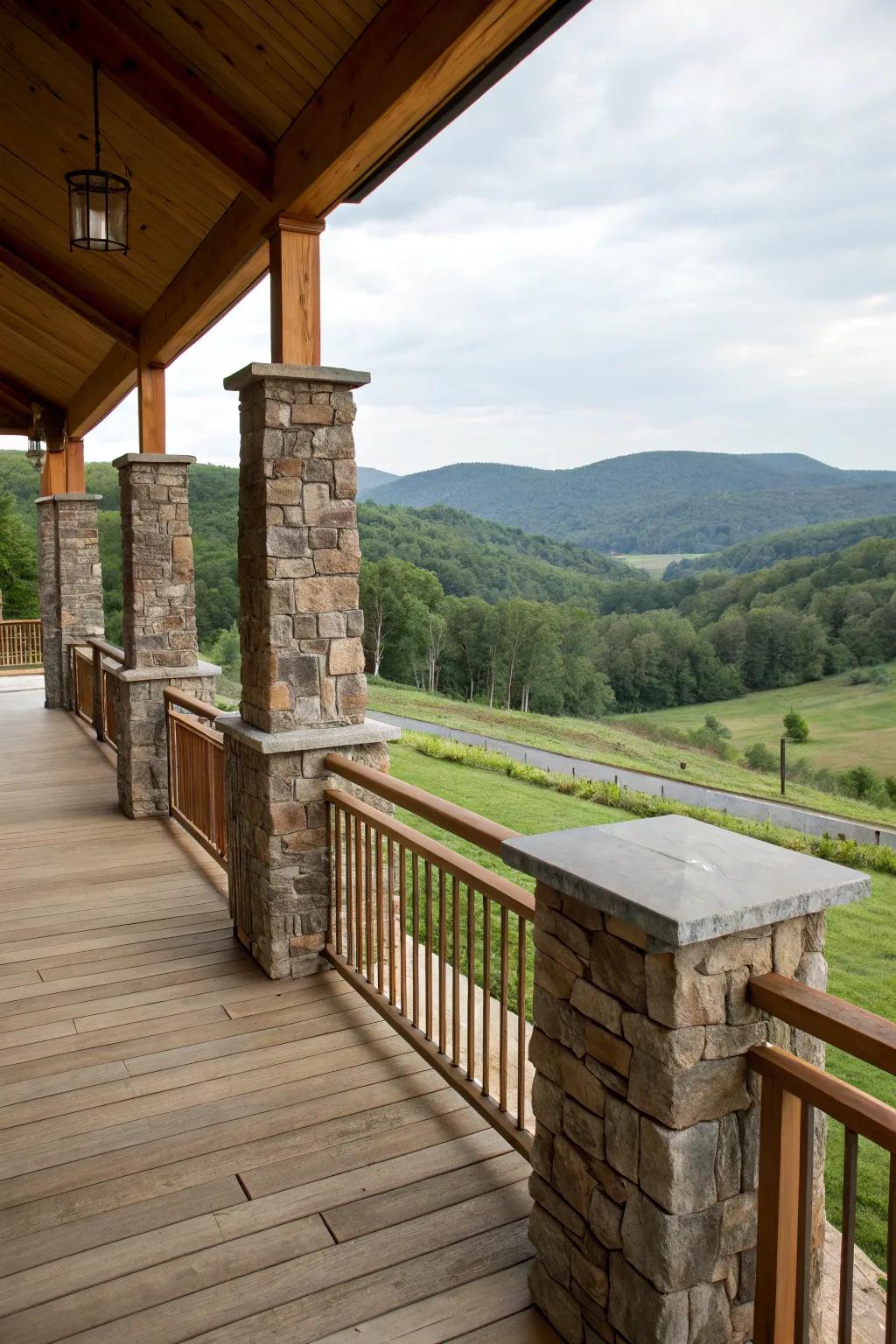 Sturdy elegance: Stone elements in deck railing.