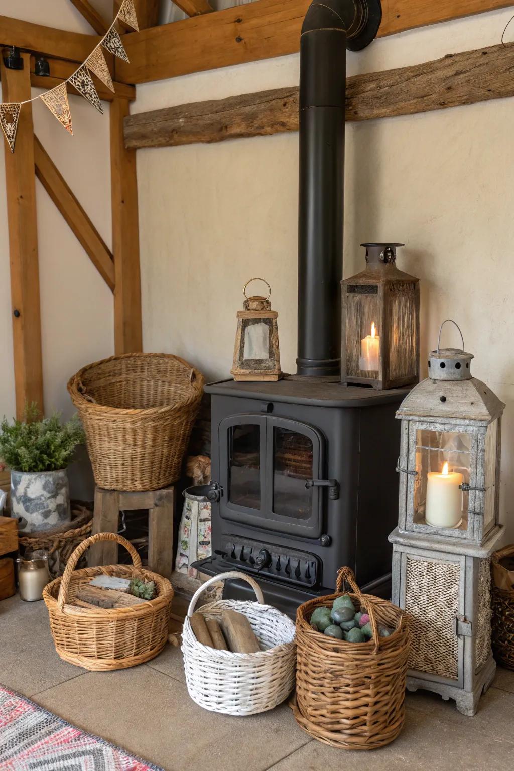 Eclectic accessories complement the stove's charm.