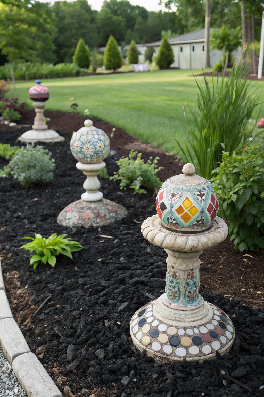 Add whimsy with a fusion of mulch and ornaments.