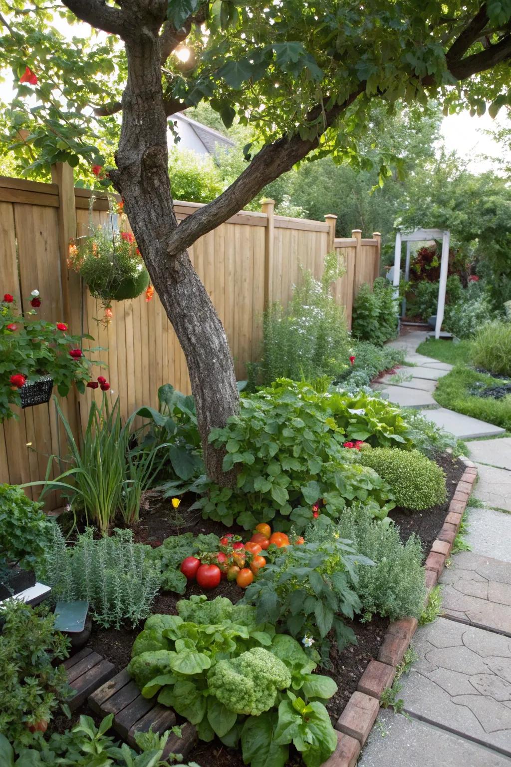 An edible garden provides fresh produce and complements tree landscaping.