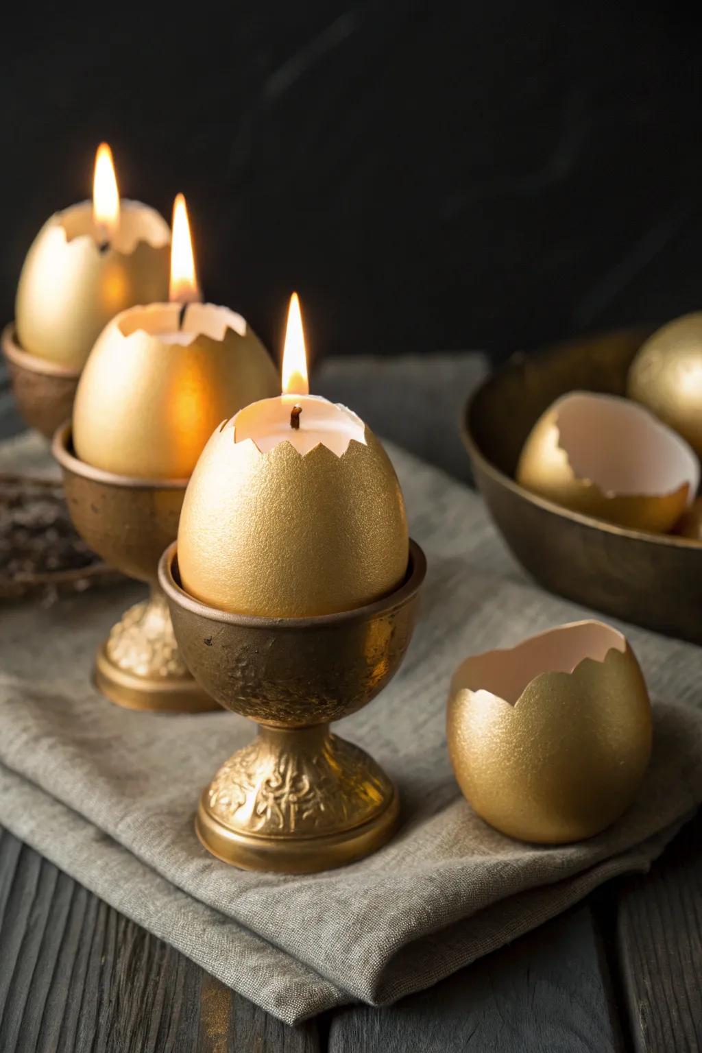 Golden egg candle holders cast a cozy glow for Easter.