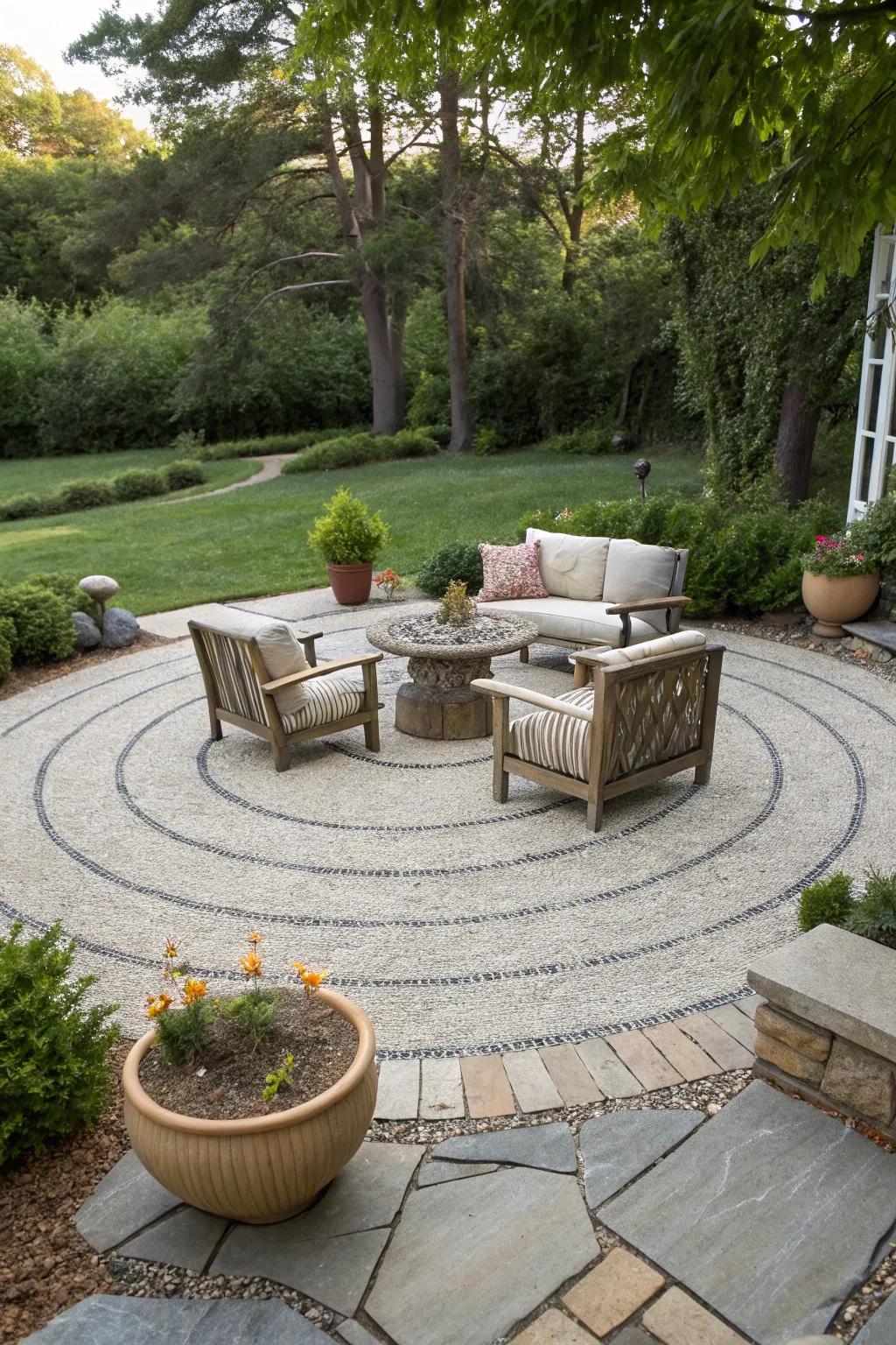 A gravel patio with a distinctive circular design, perfect for gatherings.