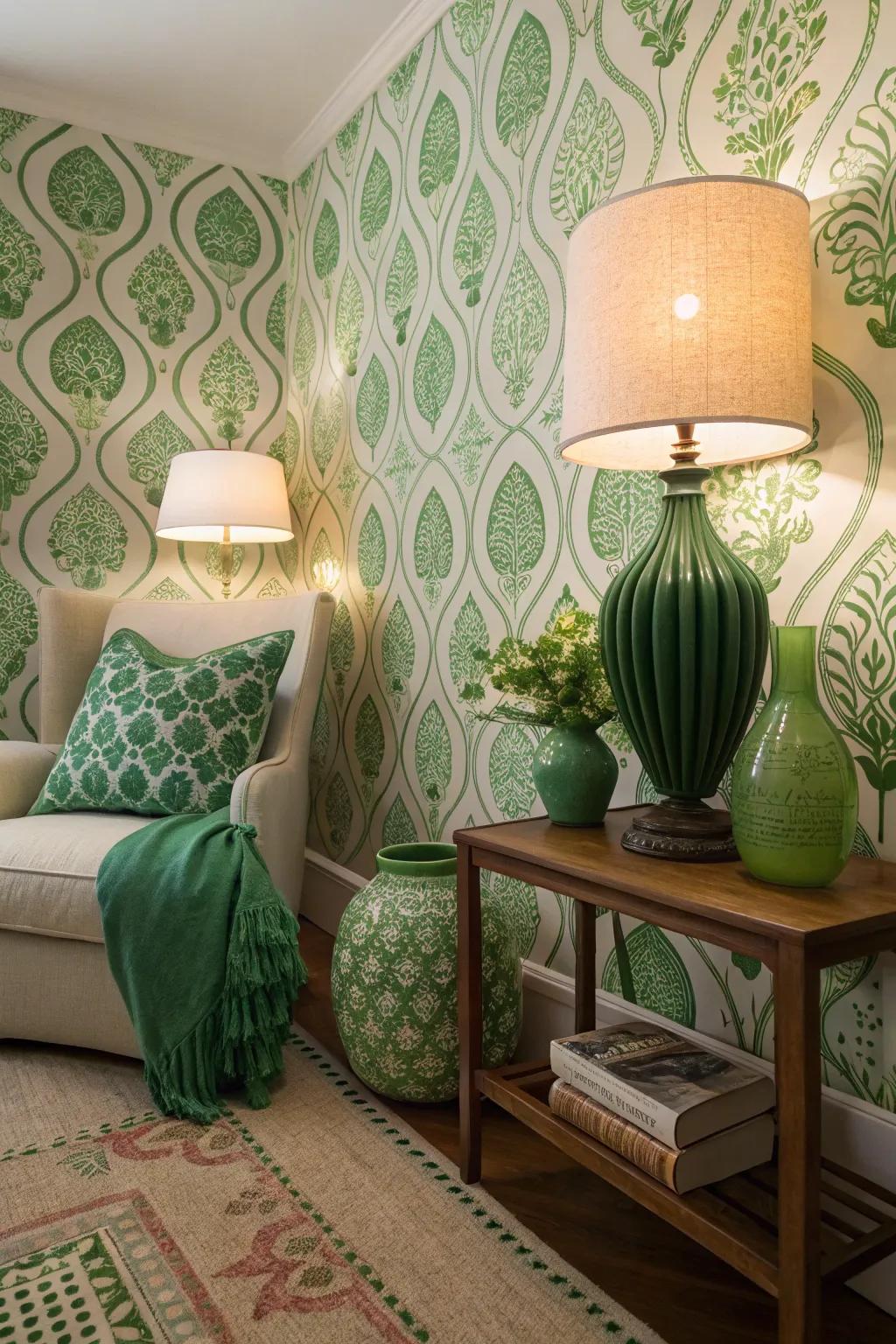 Green patterns add playfulness and depth.