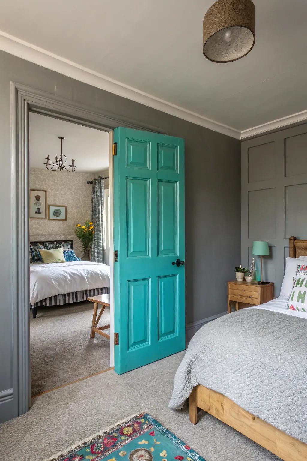 A turquoise door adds an unexpected pop of color.