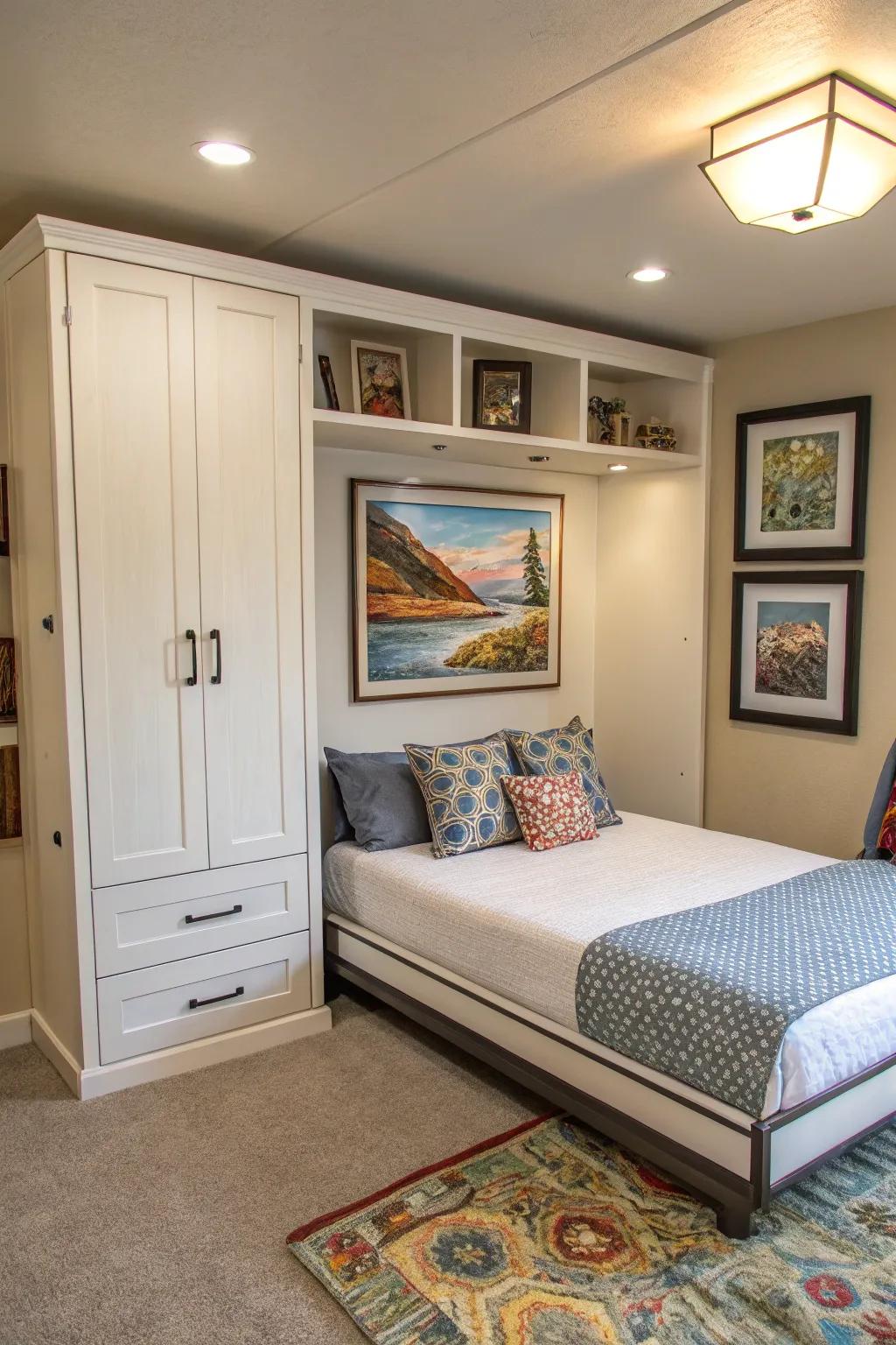 An artful Murphy bed with a hidden art display, adding creative flair to the room.