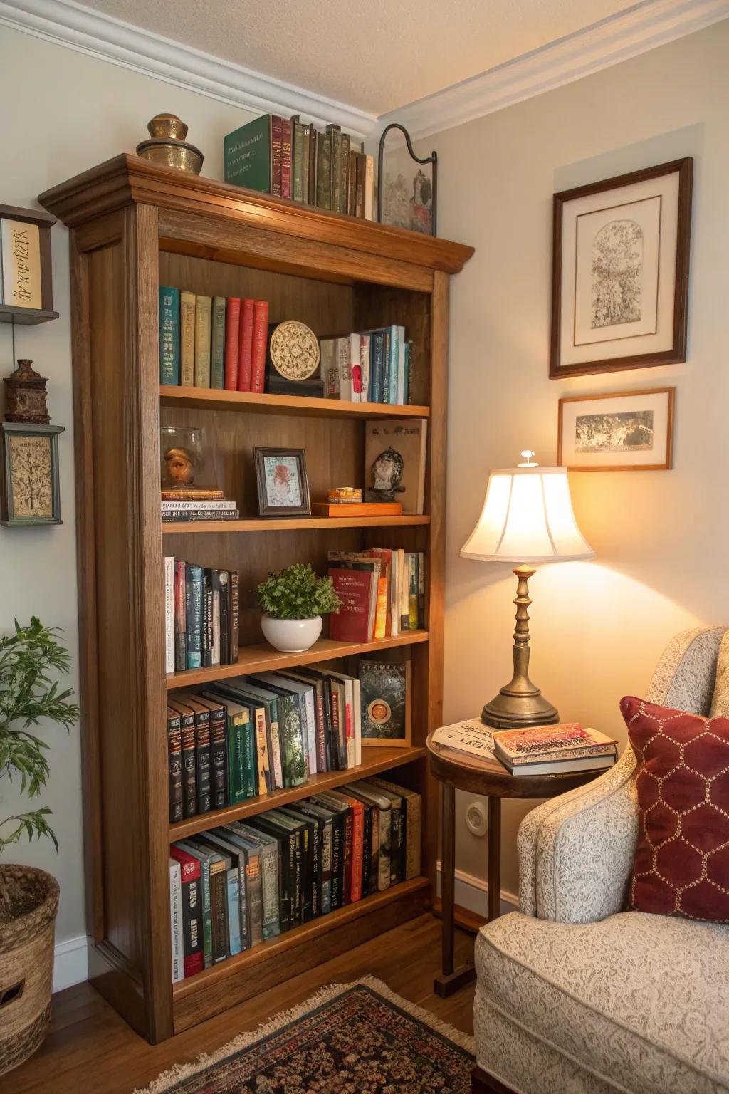 Maximize space and style with a corner bookshelf.