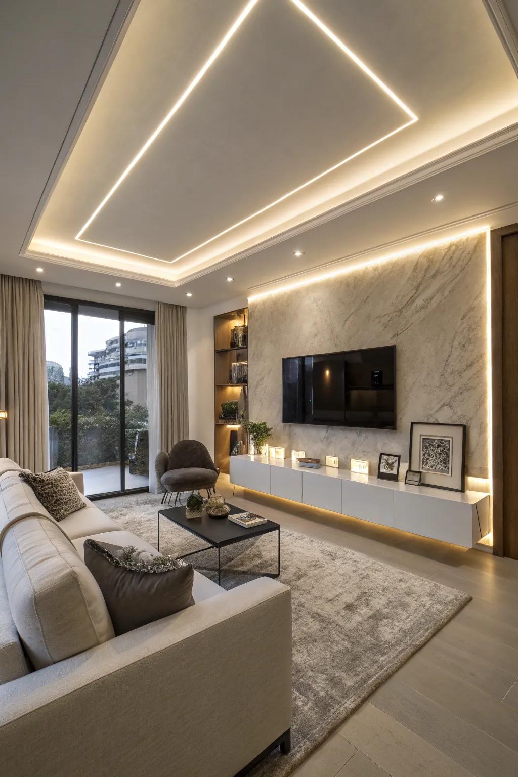 Modern living room with hidden lighting trim for subtle ambiance.