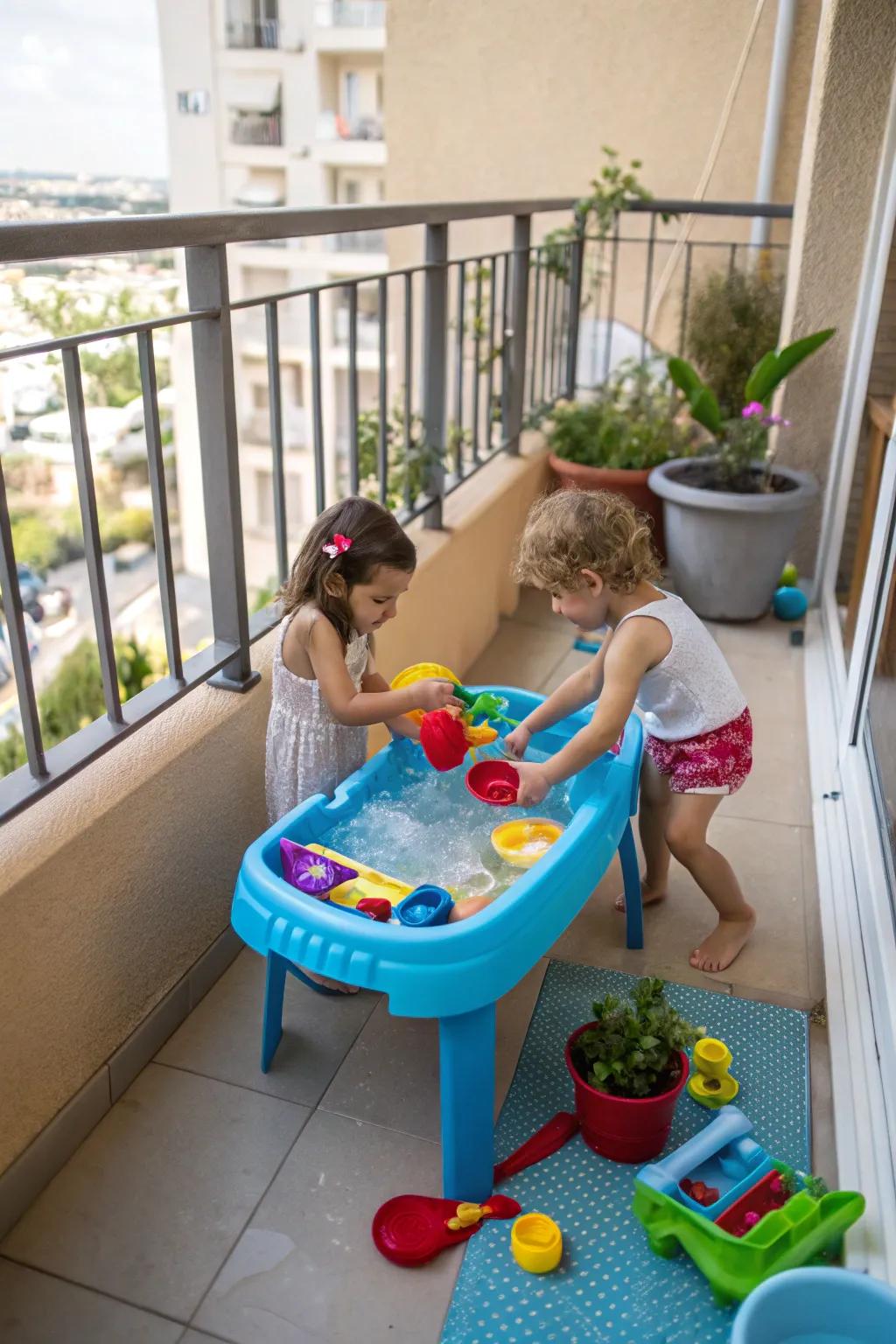 A water play area brings cool relief and enjoyment to the balcony.