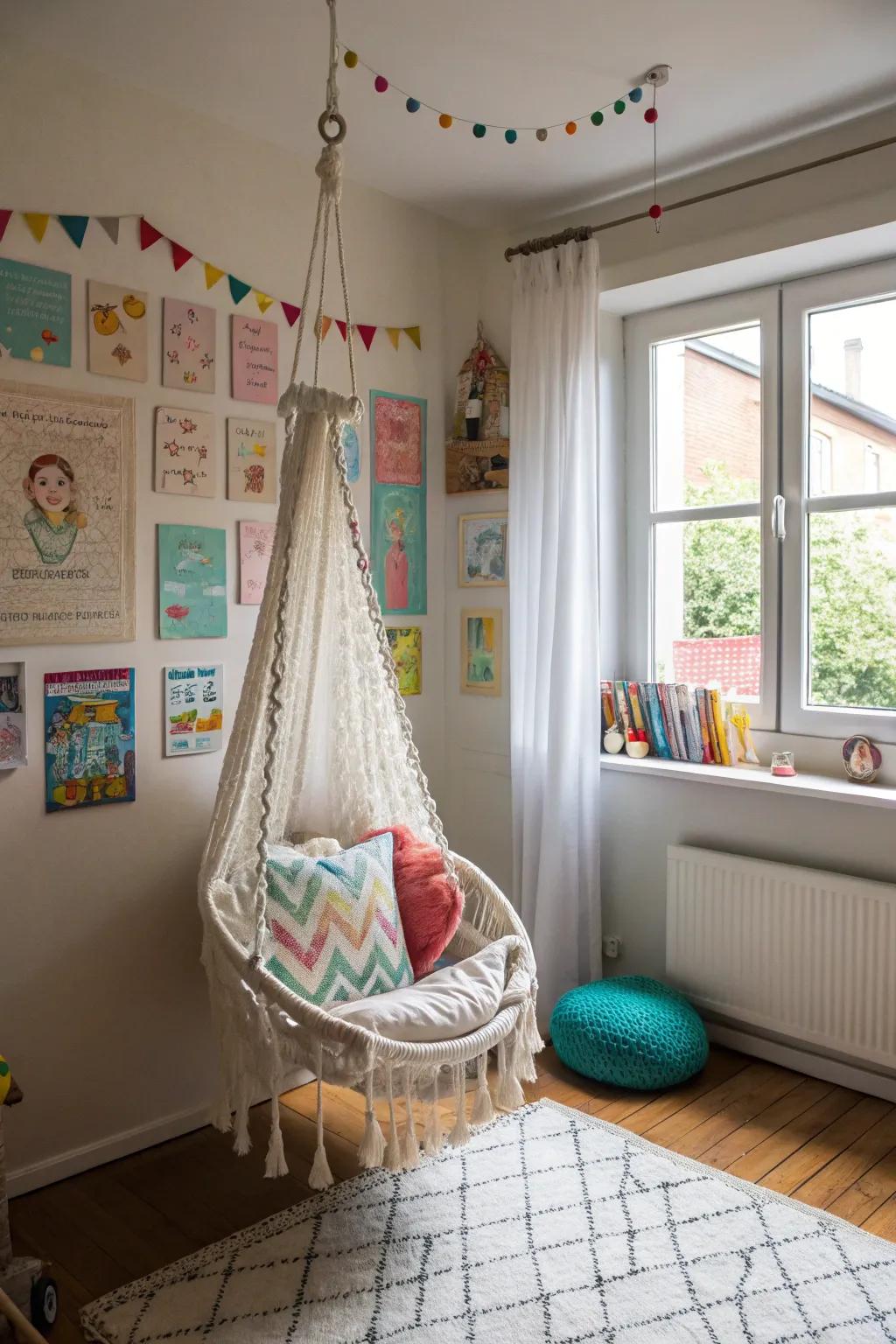 A hanging chair adds whimsy and a sense of adventure.