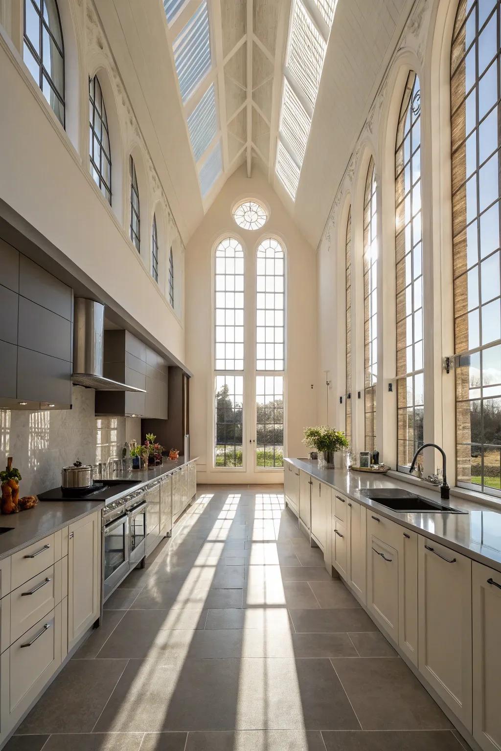 Tall windows maximize vertical space and bring abundant natural light into the kitchen.