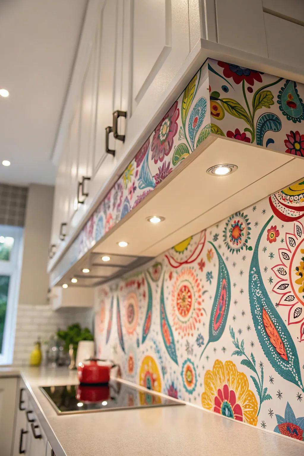 A soffit with patterned wallpaper, adding a playful and colorful touch to the kitchen.