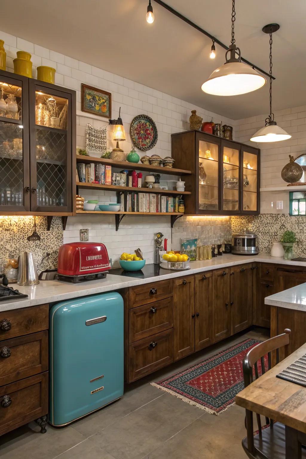 Varied stylistic designs contribute enhanced vibrancy when applied to a cooking area's central theme.